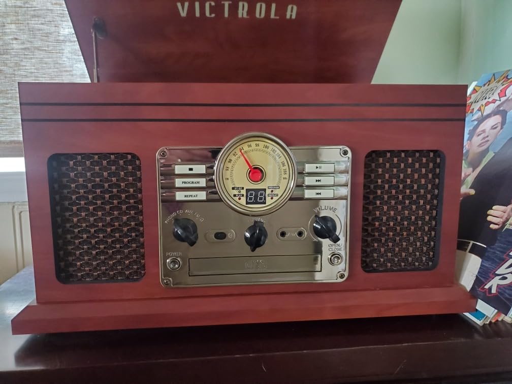 Victrola Quincy - 6-in-1 Bluetooth Record Player - Mahogany | Plays vinyl, CD, cassette and FM radio through built-in stereo speakers, Bluetooth and aux streaming, headphone jack customer photo 2