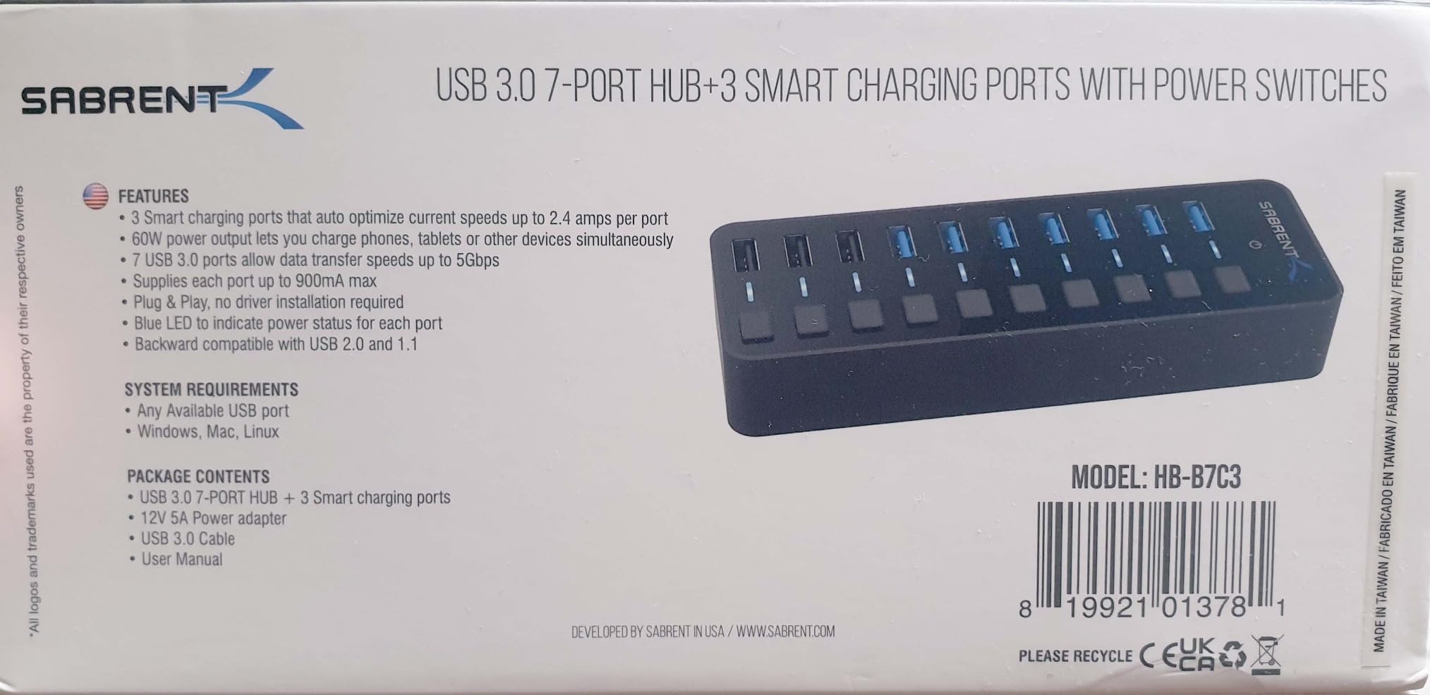 SABRENT 10-Port Powered USB 3.0 Hub, 3 Charging Ports, 60W (HB-B7C3) | Individual power switches & LEDs; for PC, Mac, Xbox, PS5, laptop, desktop customer photo 2