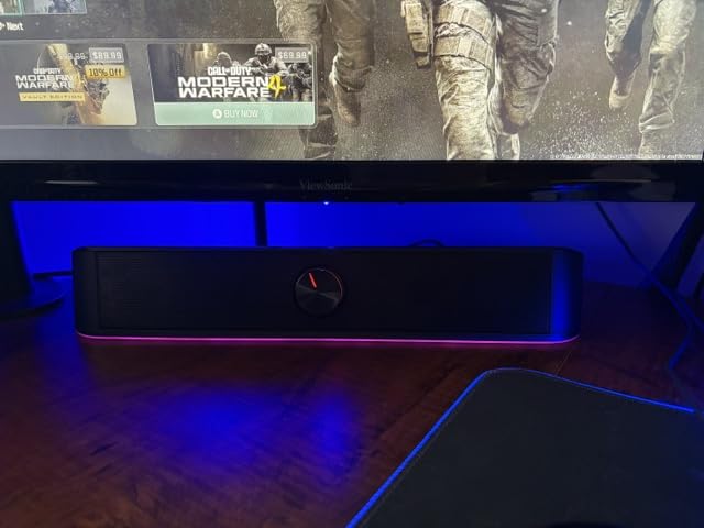 Redragon GS560 RGB Desktop Soundbar, 2.0 Channel Computer Speaker with Dynamic Lighting Bar Audio-Light Sync/Display, Touch-Control Backlit with Volume Knob, USB Powered w/ 3.5mm Cable, Black customer photo 1