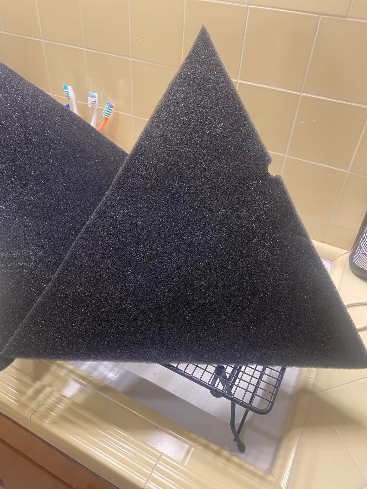 Foroomaco Triangular Pyramid Bass Traps for Ceiling Corners, 4 Pack, Black | 16.5 in face, 12 in deep sound absorbing acoustic foam for bass control in studios, podcast rooms and home theaters customer photo 1
