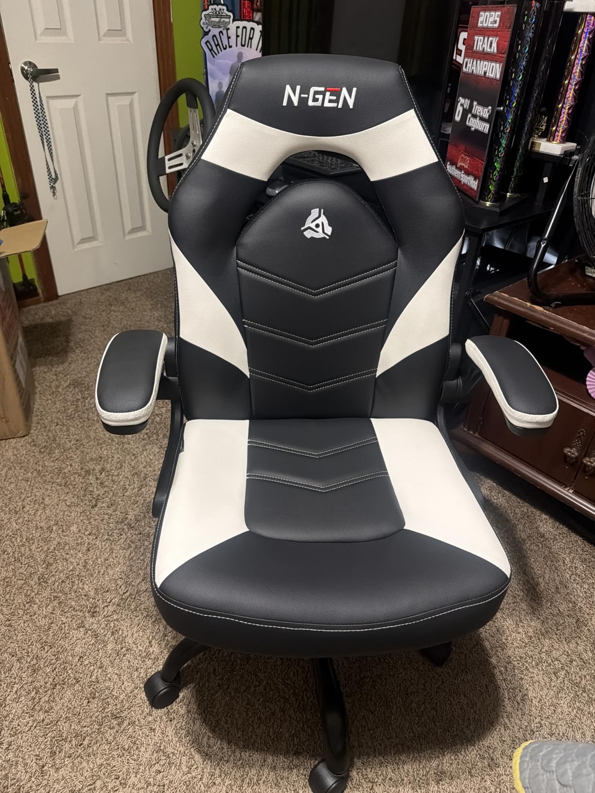 N-GEN Gaming Chair, Lumbar, PU Leather, Flip-Up Arms, Black - Ergonomic High-Back Design, Adjustable Height with 360° Swivel Wheels, Comfortable Computer Desk Seating for Office and Home customer photo 2