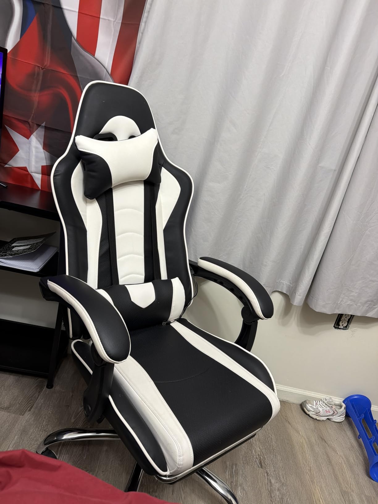 Yaheetech Gaming Chair with Footrest Massage Lumbar Pillow Black and White - Foam-padded PU leather racing seat and plush headrest recline with a slide-out footrest; metal frame supports up to 300 lb. customer photo 1