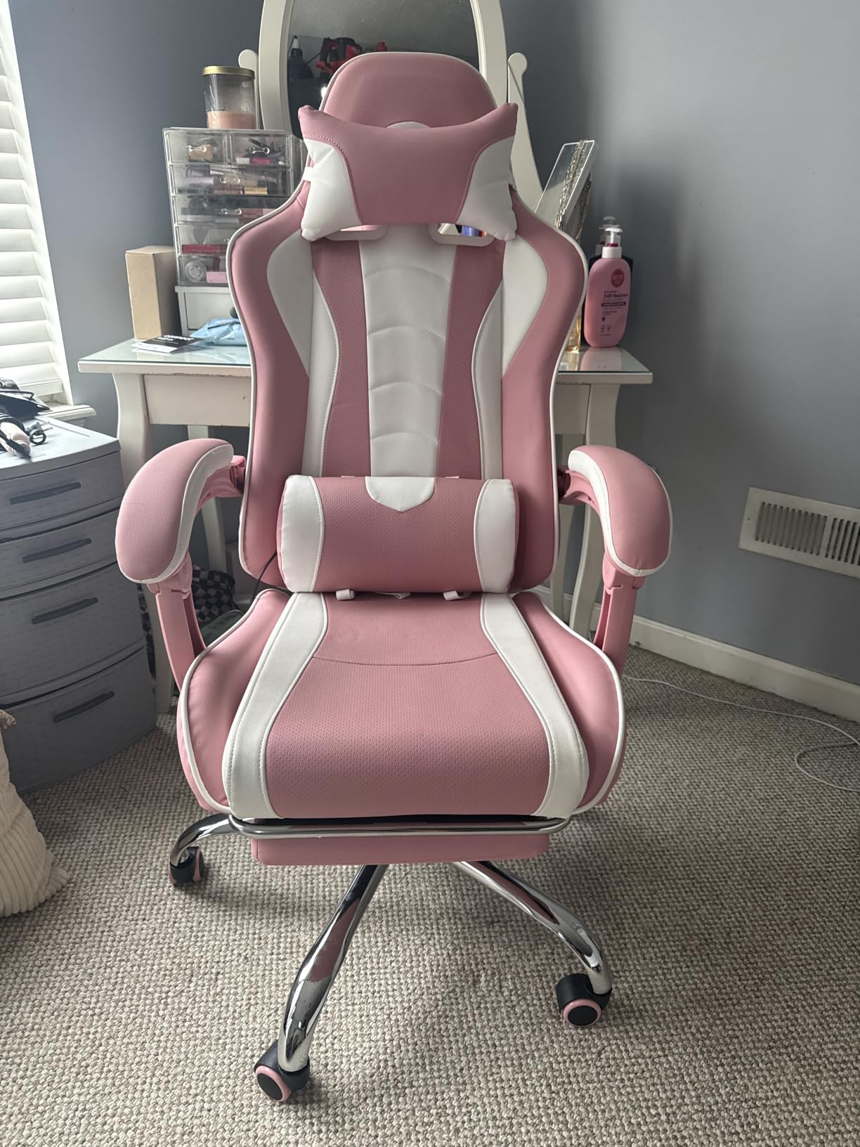 Yaheetech Gaming Chair with Footrest Massage Lumbar Pillow Black and White - Foam-padded PU leather racing seat and plush headrest recline with a slide-out footrest; metal frame supports up to 300 lb. customer photo 2
