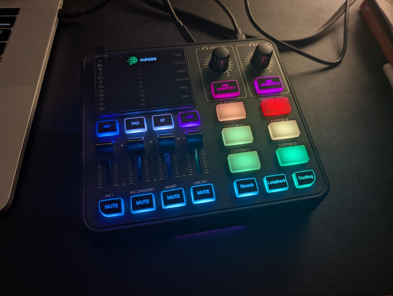 PUPGSIS Gaming Audio Mixer, Audio Interface for PC/Podcast/Streaming, Sound Board with 3.5mm/XLR Mic Input, 48V Phantom Power, Voice Changer, Live Sound Card with DJ Mixer Effects/Bluetooth/4 Channel customer photo 2