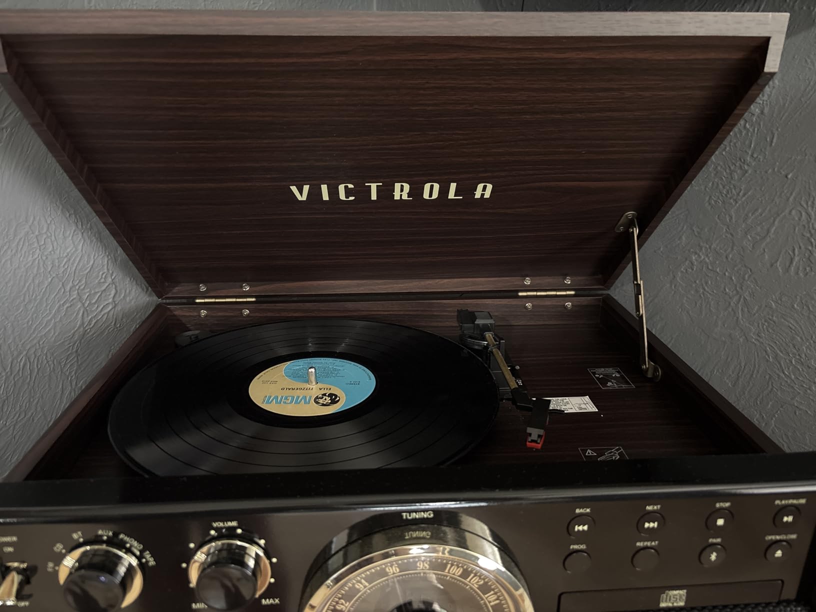 Victrola Empire - Wood 6-in-1 Bluetooth Record Player - Walnut | Mid-century wood music center plays vinyl, CD, cassette, FM radio and aux, built-in stereo speakers, RCA out, headphone jack customer photo 1