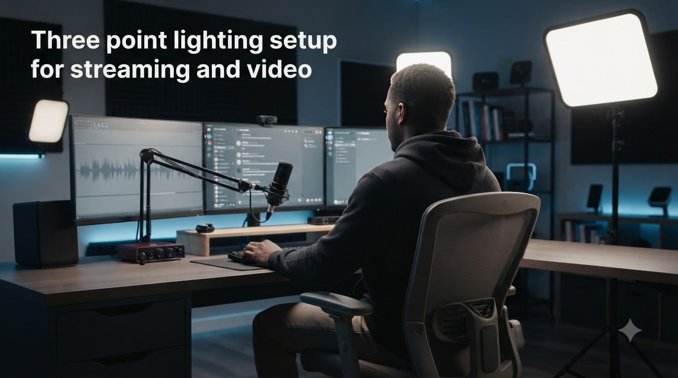 Three point lighting setup for streaming and video