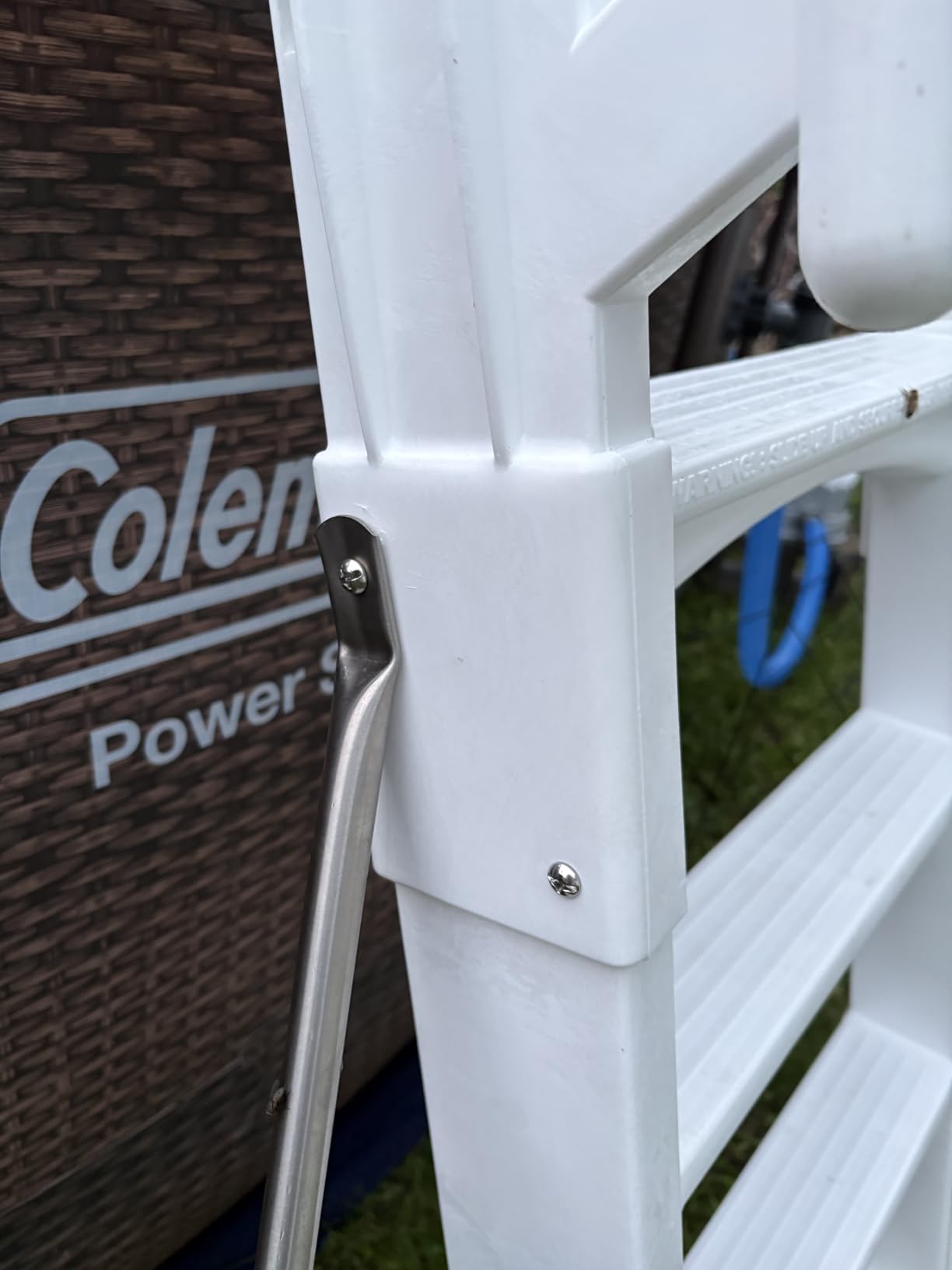 Vinyl Works SLA A-Frame 48 to 56 Inch Adjustable Above Ground Swimming Pool Ladder Entry System with Slide Lock Barrier and Handrails, White customer photo 1