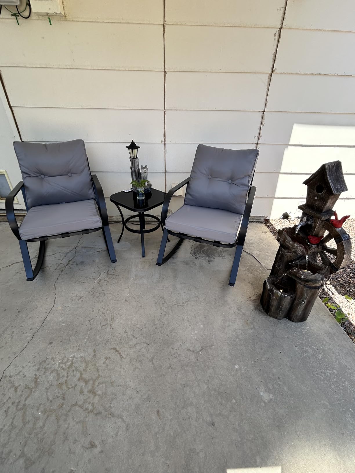 Oakcloud Oakmont Outdoor Furniture 3 Piece Conversation Bistro Set Rocking Chairs and Glass Top Table, Thick Cushions, Black Steel (Brown) customer photo 2