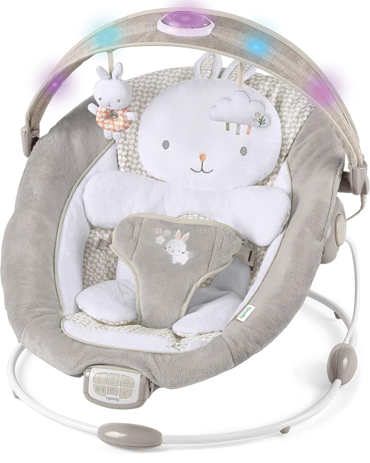 Ingenuity InLighten Baby Bouncer Infant Seat with Light Up -Toy Bar, Vibrations, Tummy Time Pillow & Sounds, 0-6 Months Up to 20 lbs (Twinkle Tails Bunny) customer photo 2