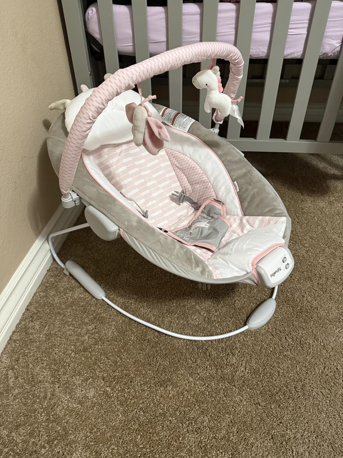 Ingenuity Soothing Baby Bouncer Infant Seat with Vibrations, -Toy Bar & Sounds, 0-6 Months Up to 20 lbs (Pink Flora the Unicorn) customer photo 1