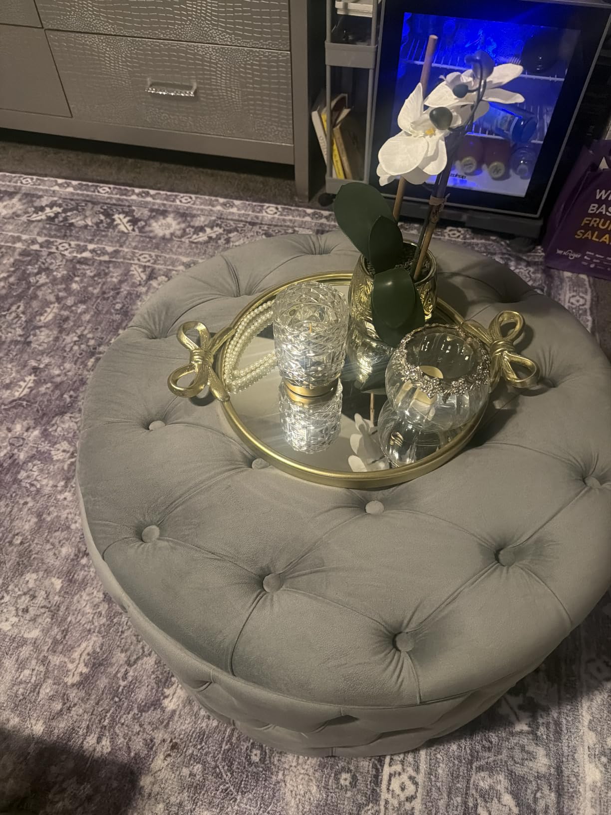 Homebeez 28 Inch Round Storage Ottoman, Velvet Button Tufted Ottoman, Removable Lid Coffee Table, Upholstered Hidden Storage Footrest Stool for Living Room, Bedroom, Gray customer photo 2