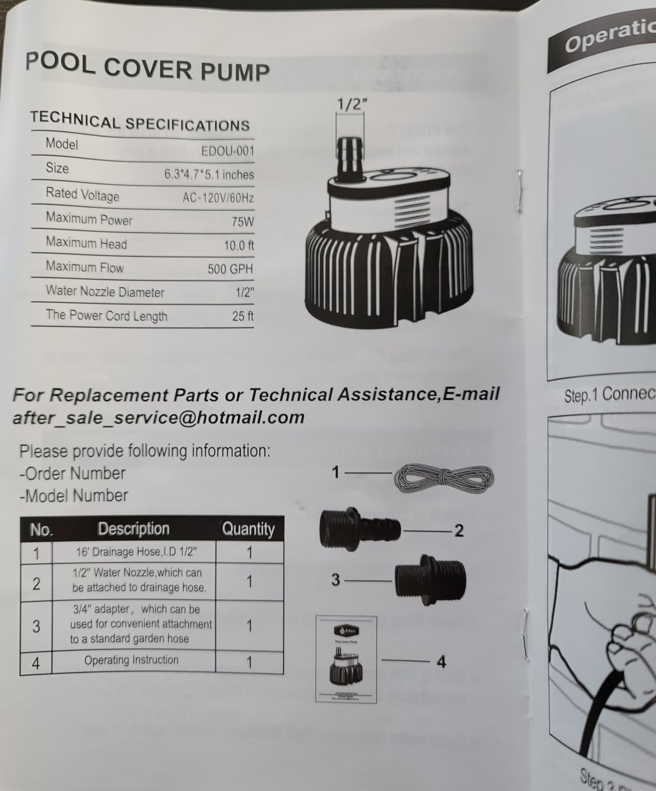 EDOU Direct Submersible Pool Cover Pump | Reliable 850 GPH Max Flow 75 W Includes 16' Kink-Proof Drainage Hose, 2 Adapters Ideal for draining from Above Ground and inground customer photo 2