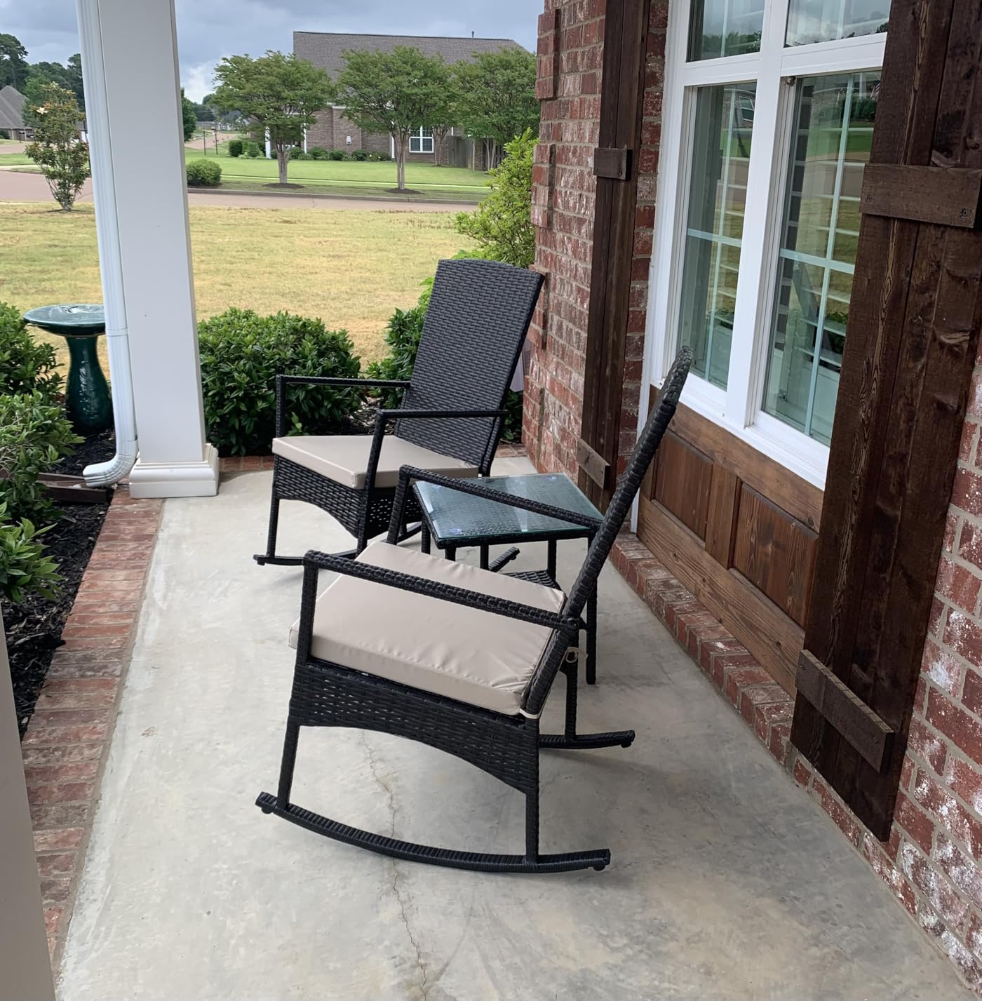 Outdoor HDPE Wicker Rocking Chair 3-Piece Patio Rattan Bistro Set 2 Rocker Armchair and Glass Coffee Side Table Furniture Washable Lacing Cushions, Khaki customer photo 2