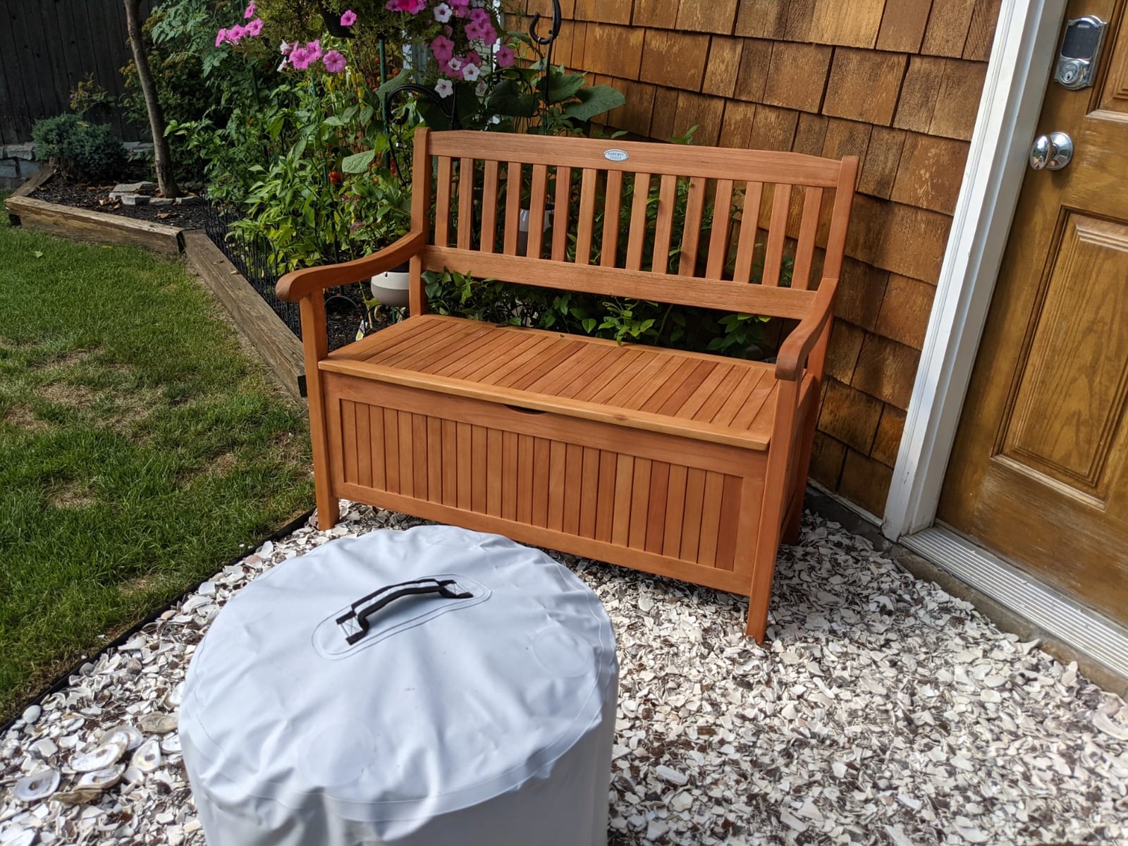 Tangkula Outdoor Wood Storage Bench Deck Box, Entryway Porch Storage Bench with Inner Removable Dust-Proof Lining & Portable Handles, Eucalyptus Wood Loveseat for Garden, Lawn, Balcony & Yard customer photo 2
