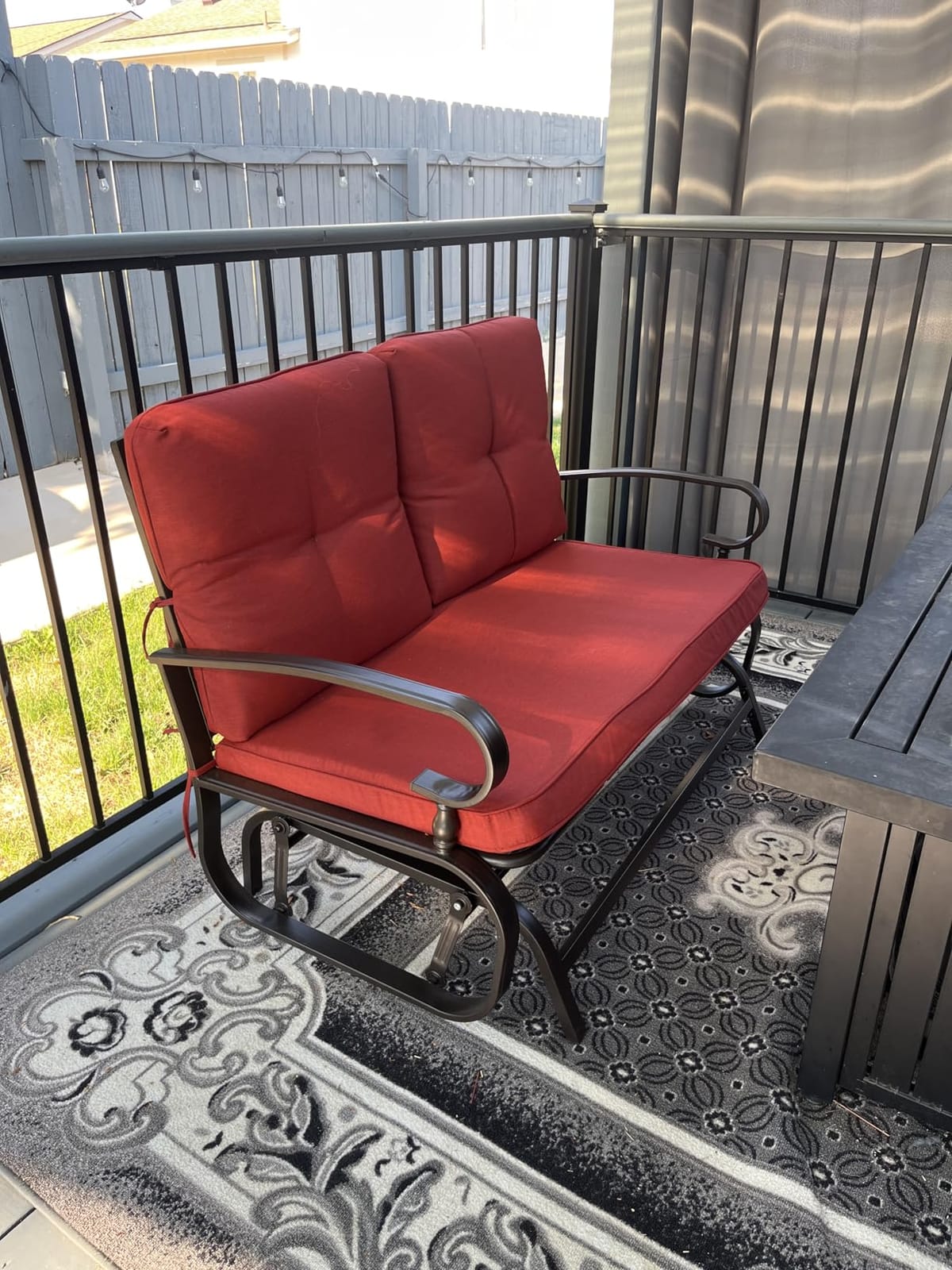 Crownland Outdoor Patio Glider Chair, Rocking Glider Bench for 2 Person, Porch Furniture Loveseat Seating, Wrought Iron Patio Textilene Gliders for Outside, Porch, Garden(Peacock Blue) customer photo 2