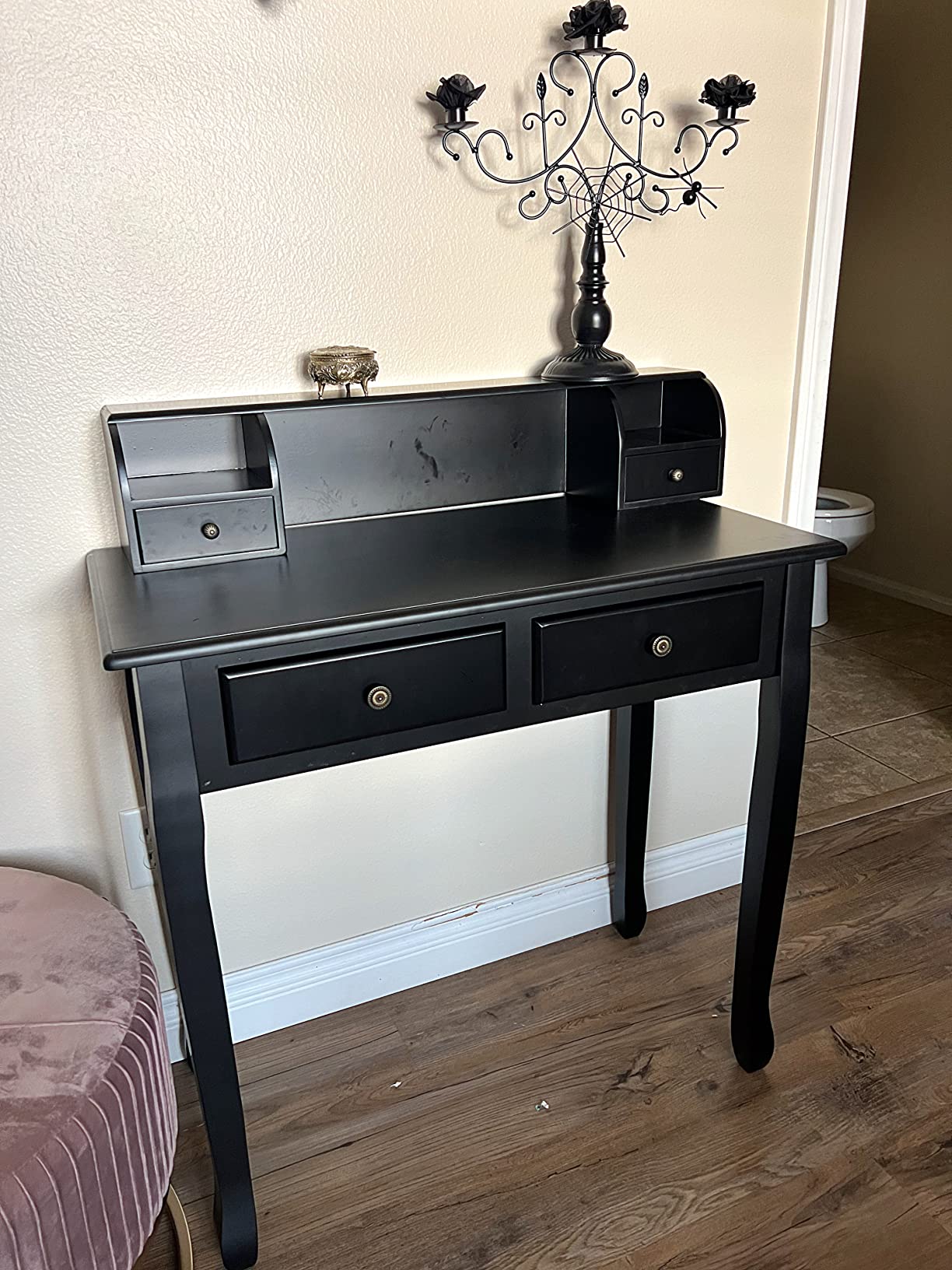 GIANTEX Writing Desk with 4 Drawers, Removable Floating Organizer 2-Tier Mission Home Computer Vanity Desk for Apartment Small Space (Black) customer photo 1