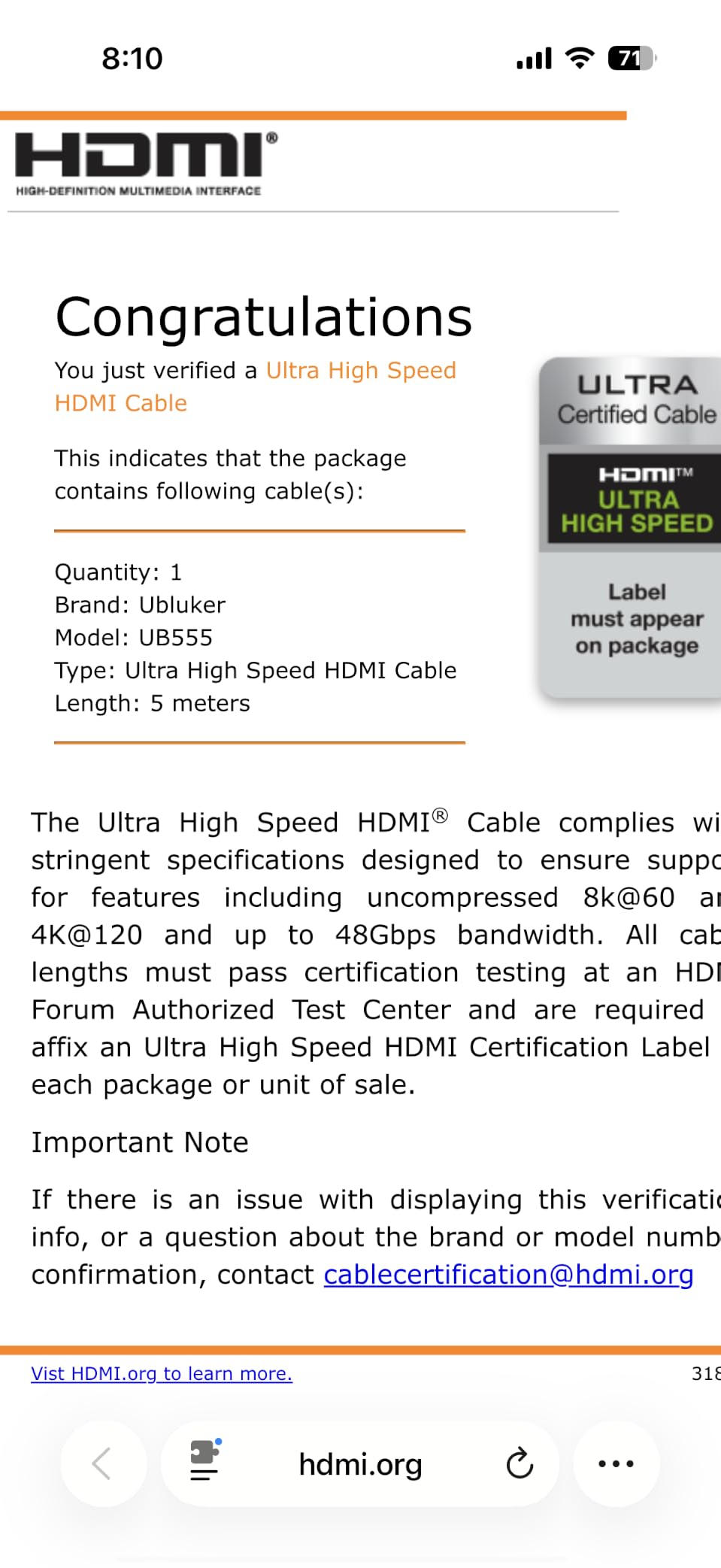 Ubluker 10K 8K 4K HDMI to HDMI Cable 15FT, Certified Ultra High Speed Cord customer photo 2