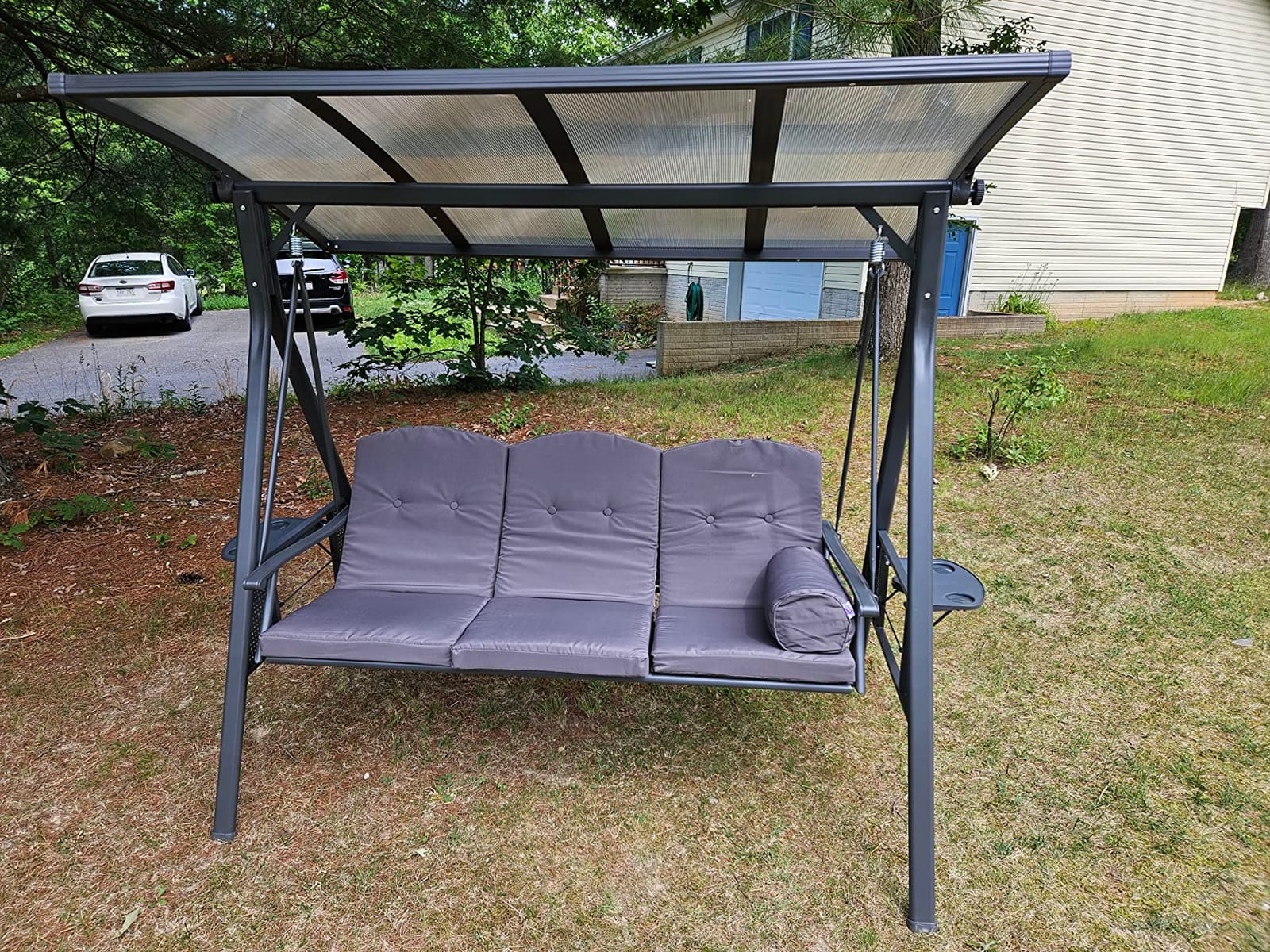 PURPLE LEAF Swing Bed Outdoor Swing 3-Seat Aluminum Adjustable Canopy, Gray customer photo 2