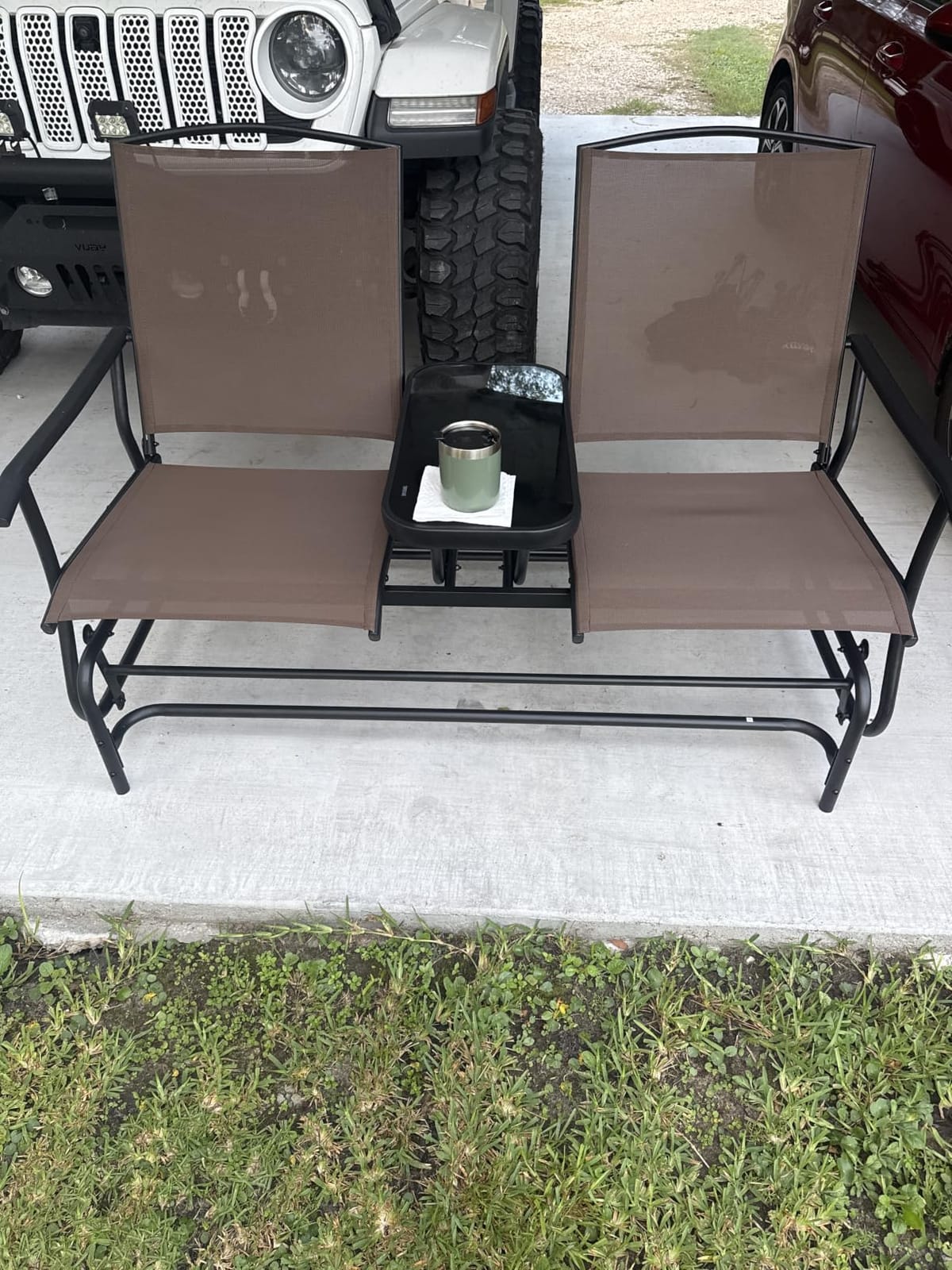 Tangkula 2 Person Swing Glider Chair, Patio Rocking Loveseat w/Center Tempered Glass Table, Outdoor Swing Bench w/Steel Frame & Breathable Mesh Fabric for Porch, Balcony, Poolside (Turquoise) customer photo 2