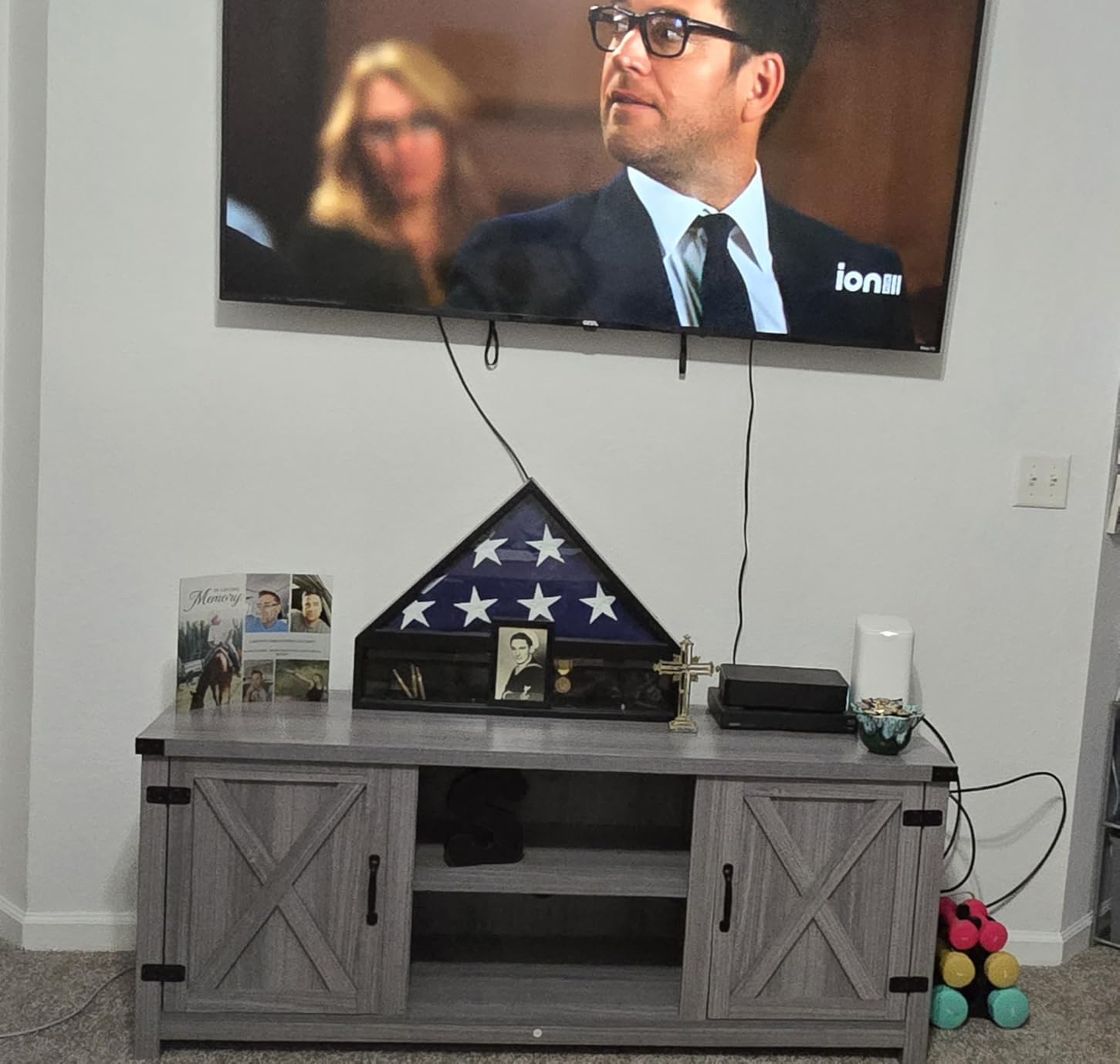 YESHOMY Modern Farmhouse TV Stand with Barn Door for 65 Inch TV, Gray Wash customer photo 2