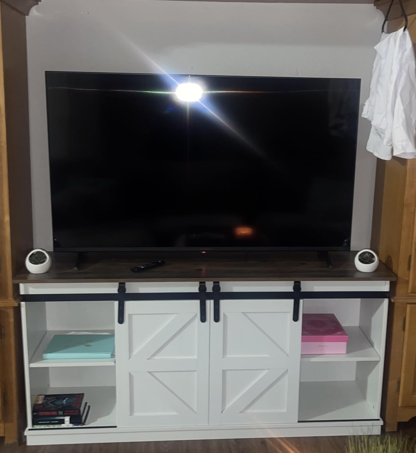 JUMMICO TV Stand for 65 Inch TV, Sliding Barn Doors, Bright White customer photo 1
