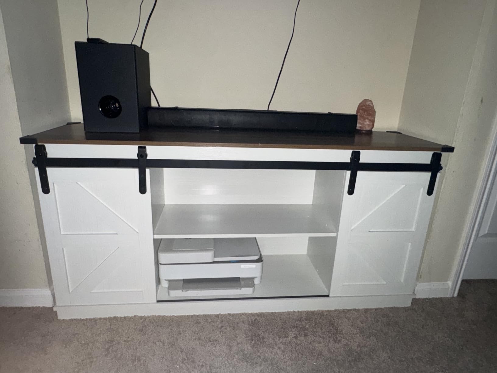 JUMMICO TV Stand for 65 Inch TV, Sliding Barn Doors, Bright White customer photo 2