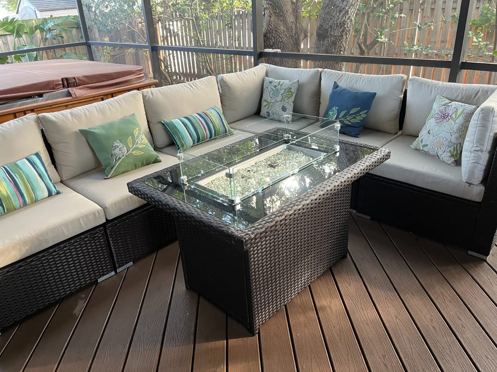 NICESOUL 9 Piece Modern Outdoor Furniture Set with Fire Pit Table, 8 Seat L-Shaped Extra Large Sectional Sofa Sets, 29.3'' High Back Comfy Modular Wicker Conversations, Natural Gas & Propane, Grey customer photo 1