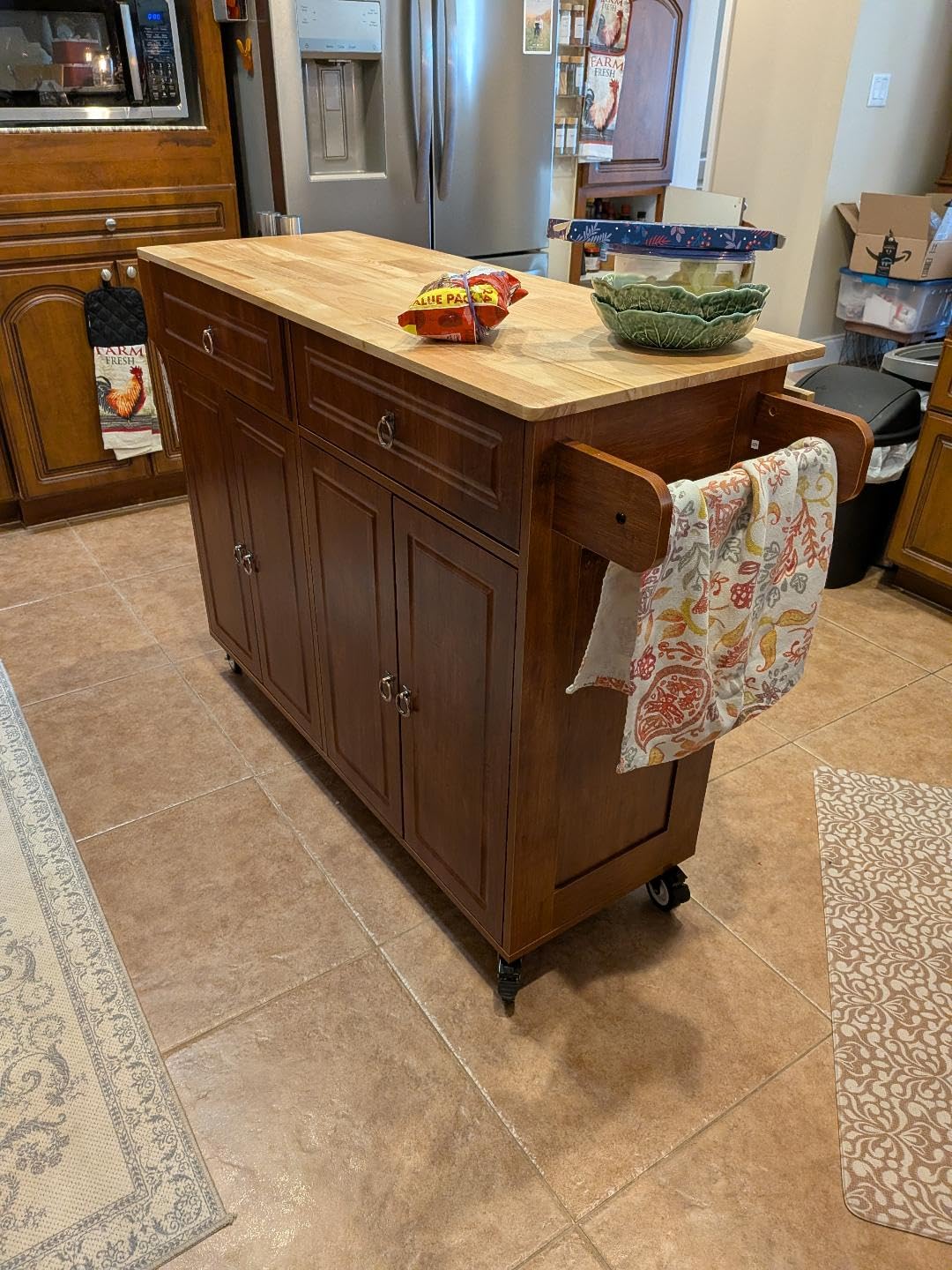 Qsun Kitchen Island with Drop Leaf and Storage, on Wheels Two Drawers, Large Storage Cabinet, Towel Rack Spice Cart Brown customer photo 1