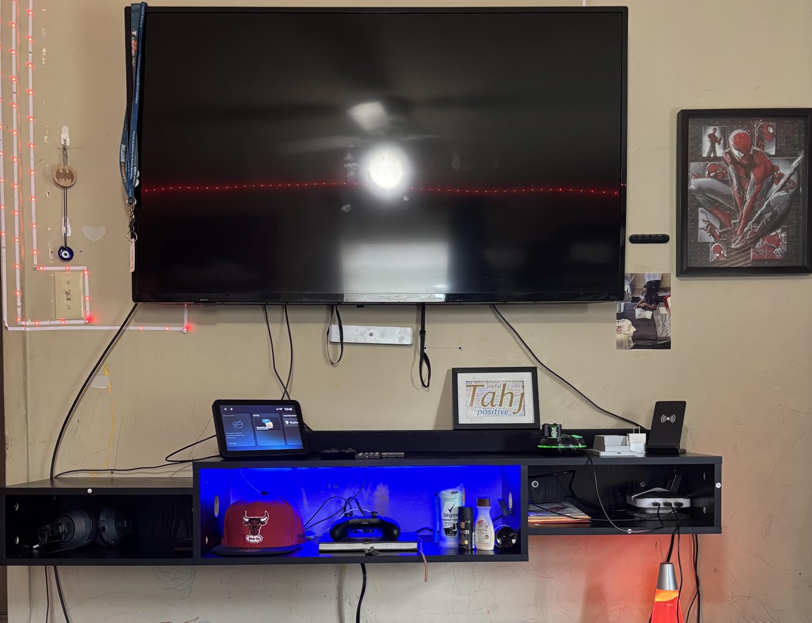 59 Inch Floating TV Stand with LED Light & Power Outlet, Black customer photo 1