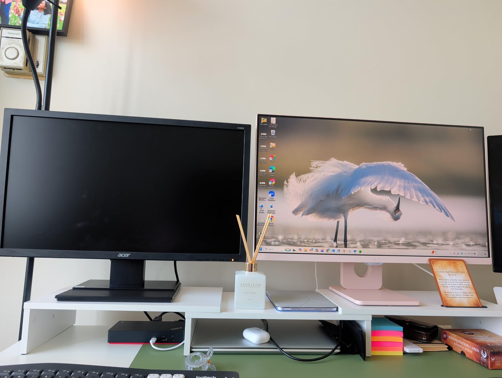BONTEC Dual Monitor Stand Riser, Adjustable Length & Swivel Angle, White customer photo 1