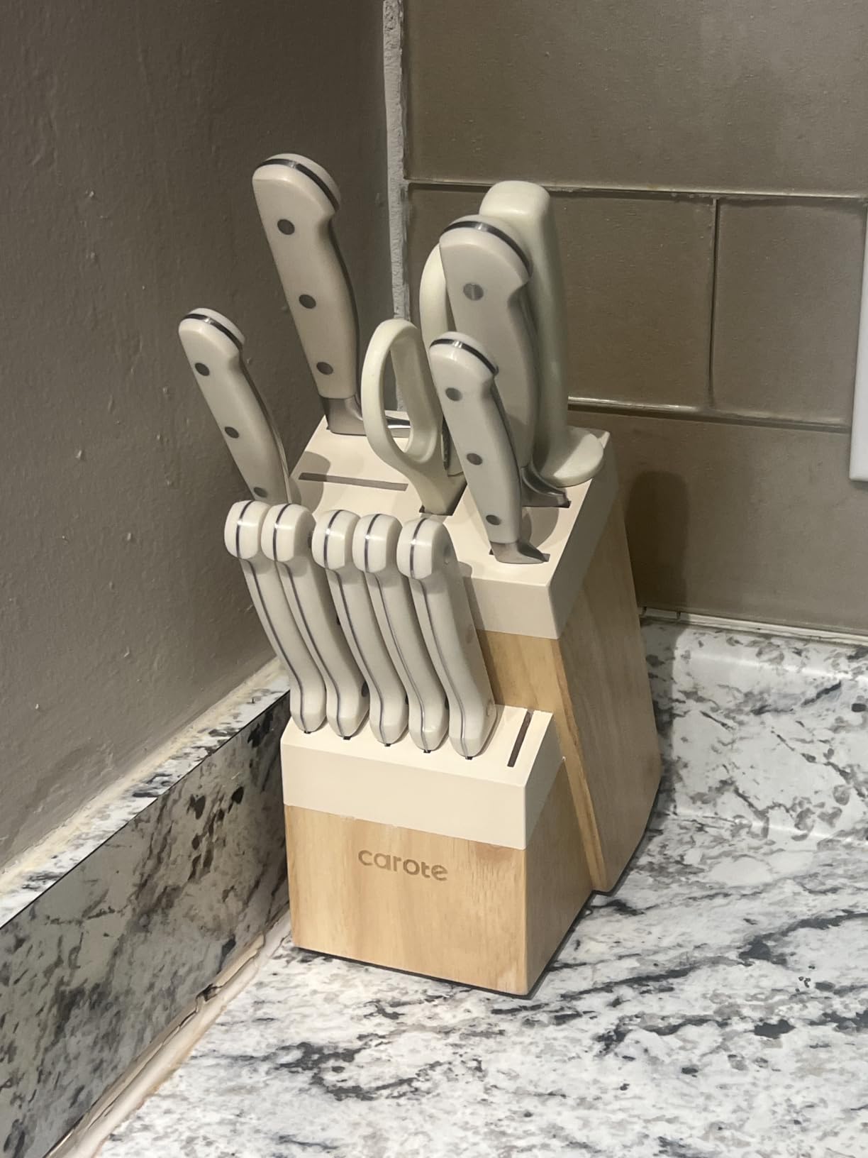 CAROTE 14-Piece Knife Set with Wood Block, Rust-Resistant, Cream customer photo 1