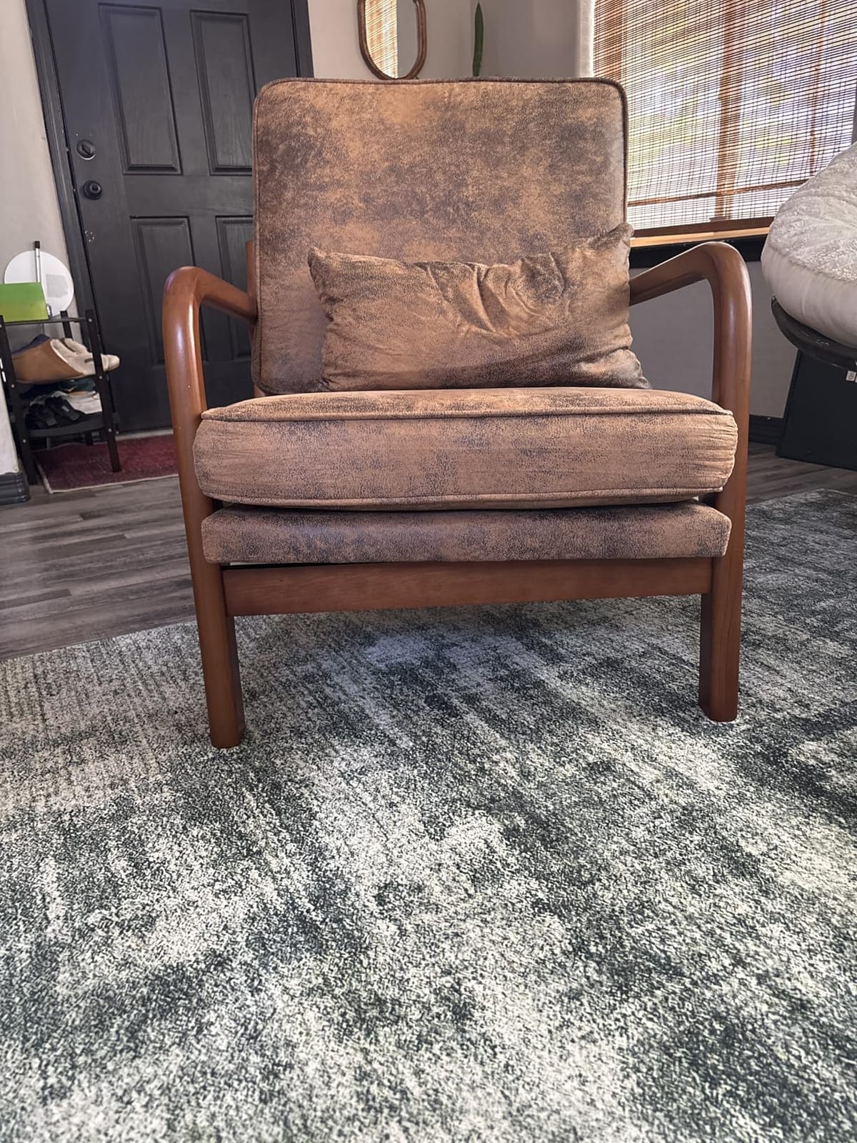 Mid Century Modern Accent Chair Set of 2 Living Room- Comfy Solid Wood Arm Chair with Lumber Pillow Lounge Decorative Brown Leather Office Side Chair Bedroom Reading Nook Sillas De Sala Microfiber customer photo 2