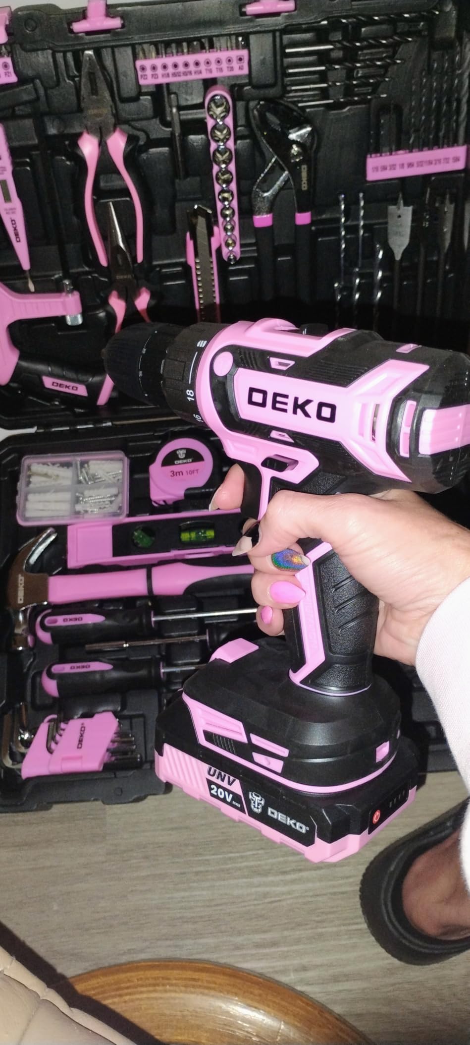 Pink Power Drill Tool Kit Set: 20V Cordless Electric Drill, Driver, Tool Box with Battery customer photo 2