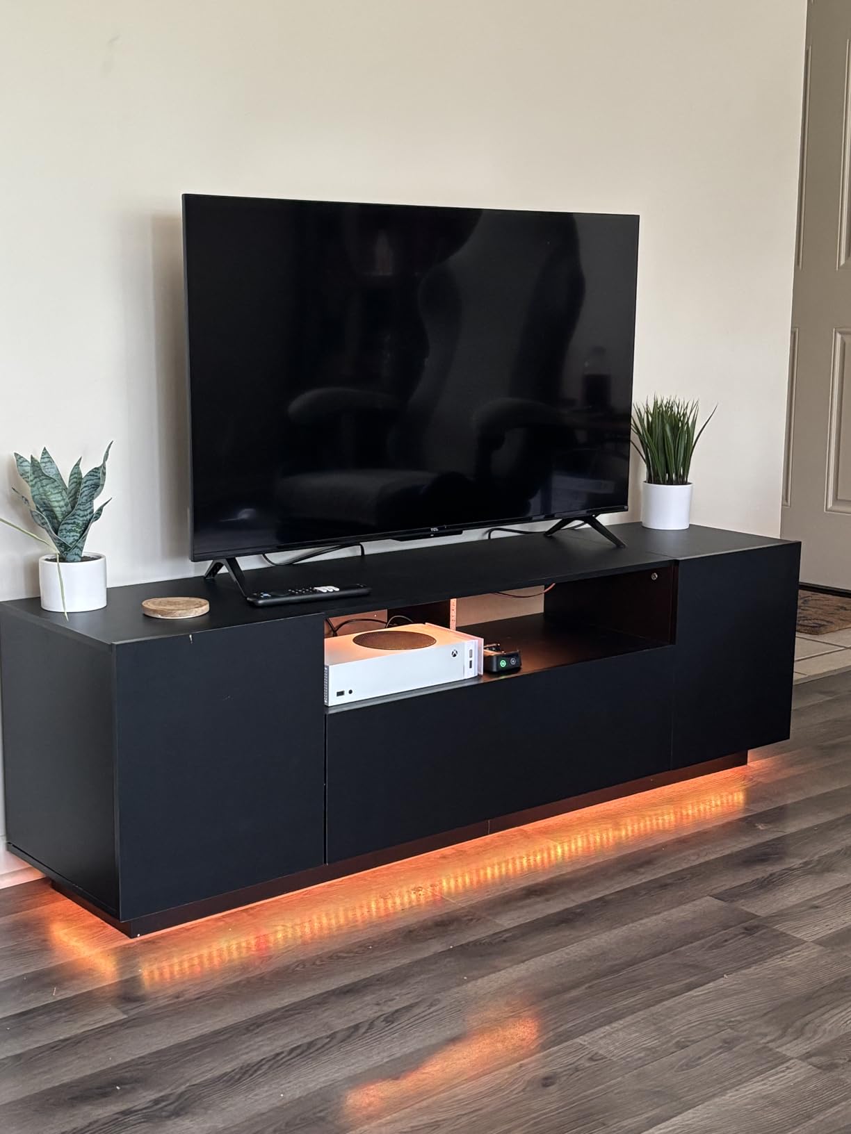 WLIVE LED TV Stand for 55/60/65 Inch TVs, Modern Entertainment Center with Storage Cabinets and Drawer, Gaming Media TV Console with RGB Lights for Living Room, Black customer photo 2