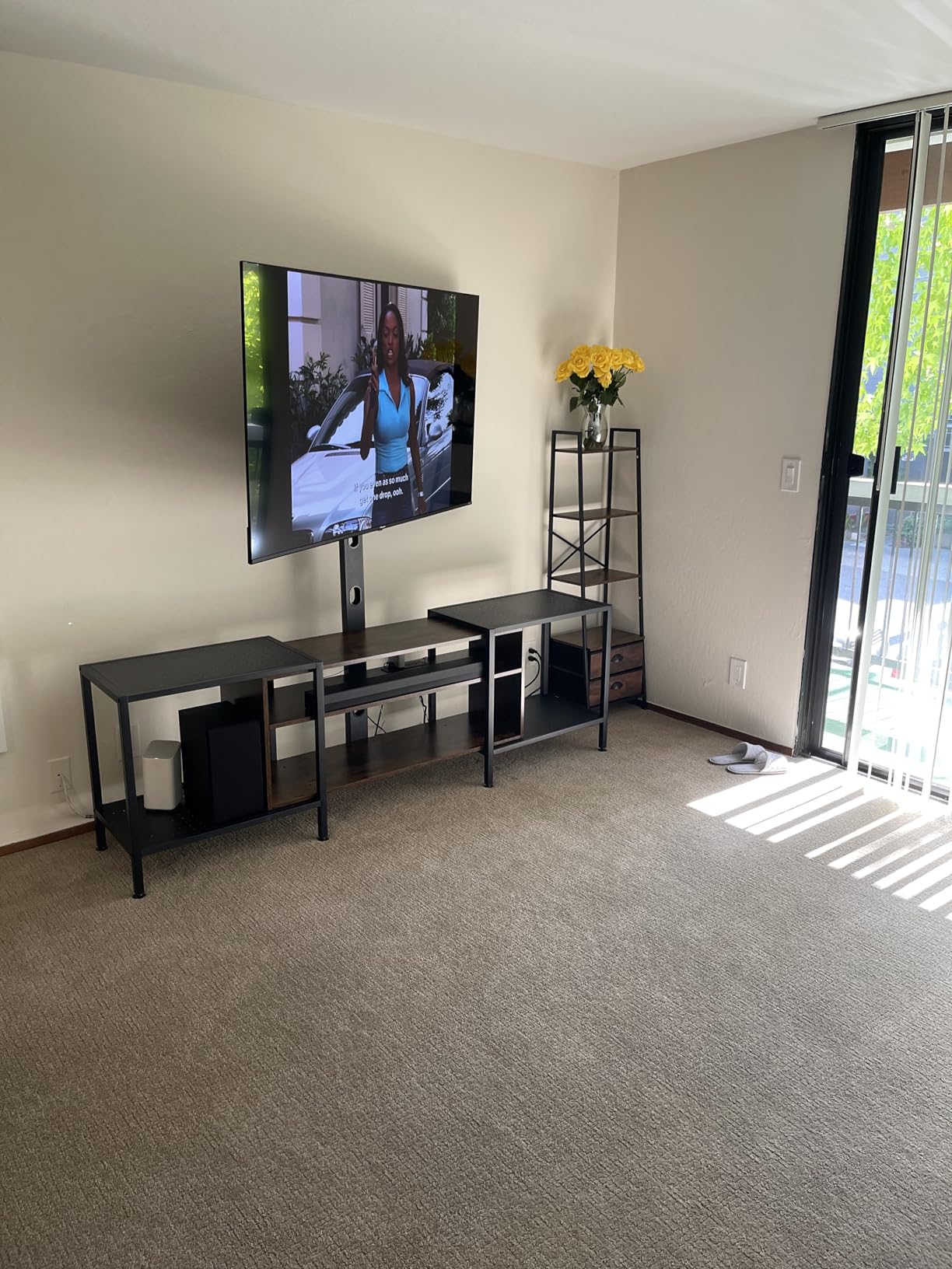 IRONCK 79 Inch TV Stand for TVs up to 85 Inch with Mount and Power Outlet, 3 Tiers TV Console with Storage Shelves, Entertainment Center, Steel Frame, for Living Room, Bedroom, Black customer photo 1