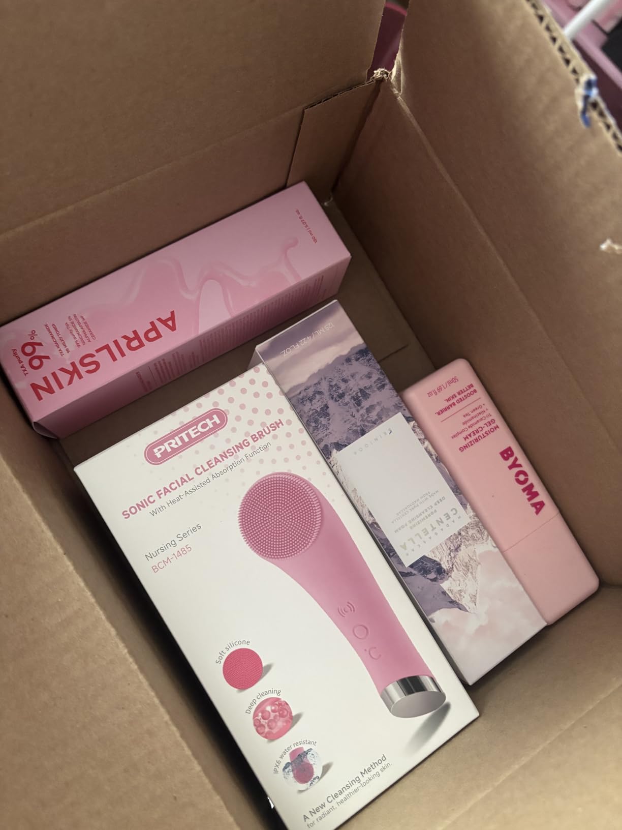 PRITECH Facial Cleansing Brush, Rechargeable Silicone Face Scrubber with Heat Massage End, Vibrating Exfoliator Scrubber for Deep Cleaning, Waterproof Face Brush for Women and Men (Pink) customer photo 1