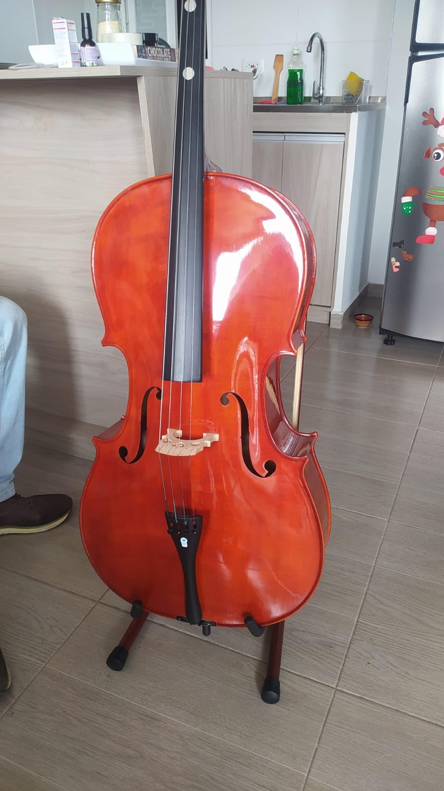 Cello Stand with Bow Holder, Mahogany Wood A-Shape Rack for Cello & Guitar customer photo 1