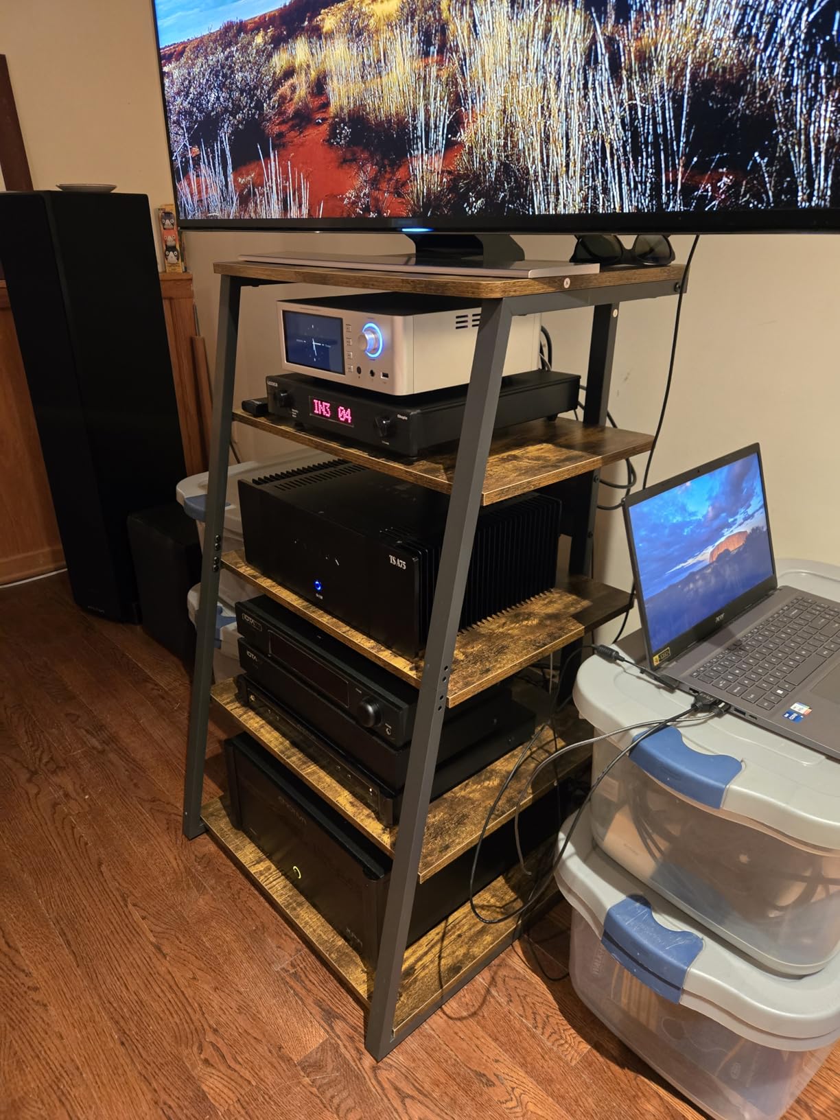Armocity AV Media Stand, Stereo Stands and Racks Small Entertainment Center | Corner Shelf Stand with Power Strip & LED Lights, Audio Tower HIFI Rack Stereo Shelf CRT TV Stand, 5 Tier, Black Walnut customer photo 1