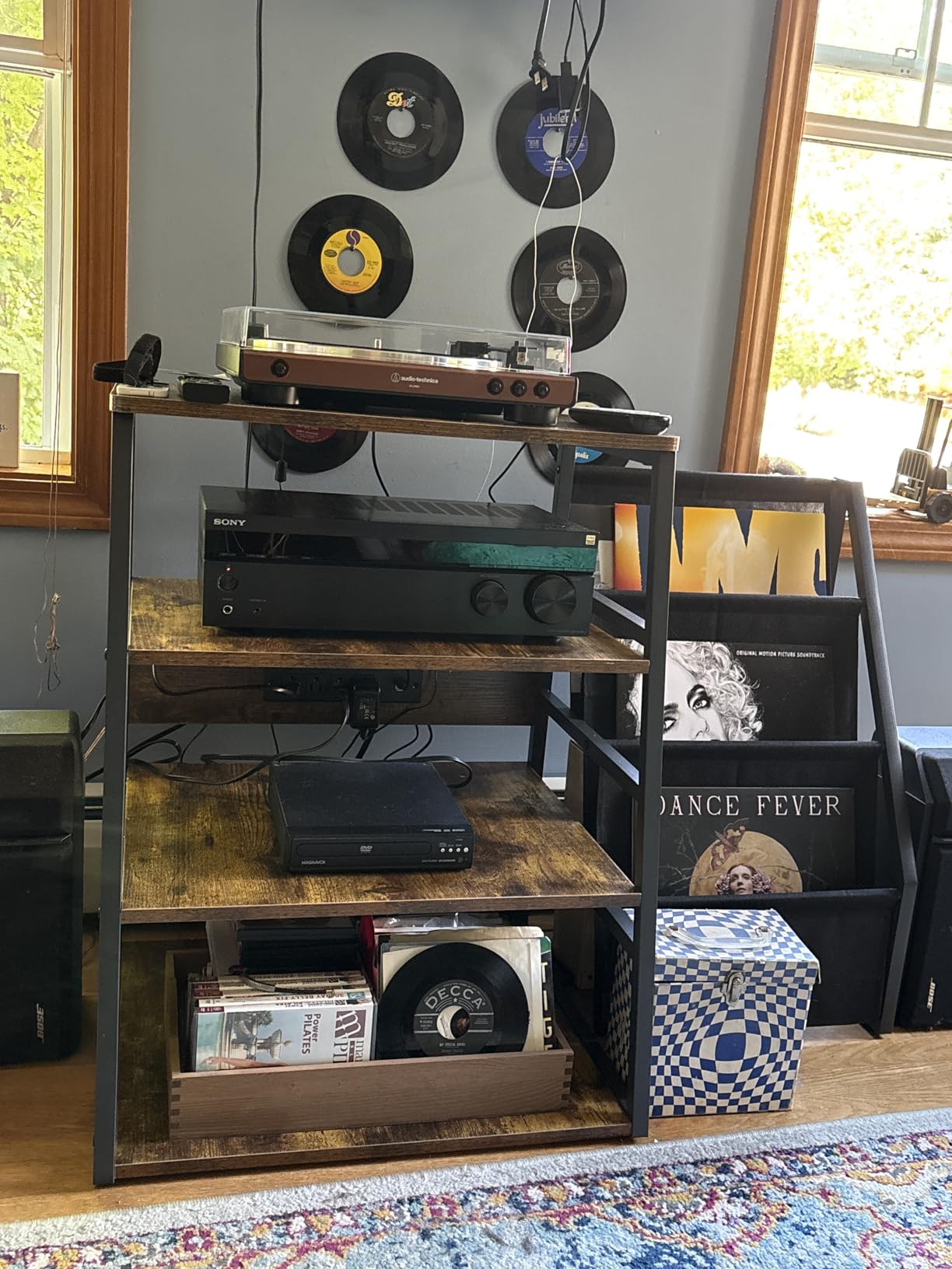 Besiost AV Media Stand with Outlets, Media Console with LED Lights, Stereo Racks and Stands with Storage Shelves, Media Audio Tower Cabinet, Rustic Brown customer photo 1
