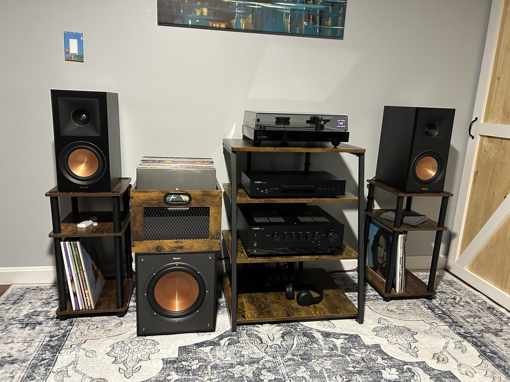 Besiost AV Media Stand with Outlets, Media Console with LED Lights, Stereo Racks and Stands with Storage Shelves, Media Audio Tower Cabinet, Rustic Brown customer photo 2