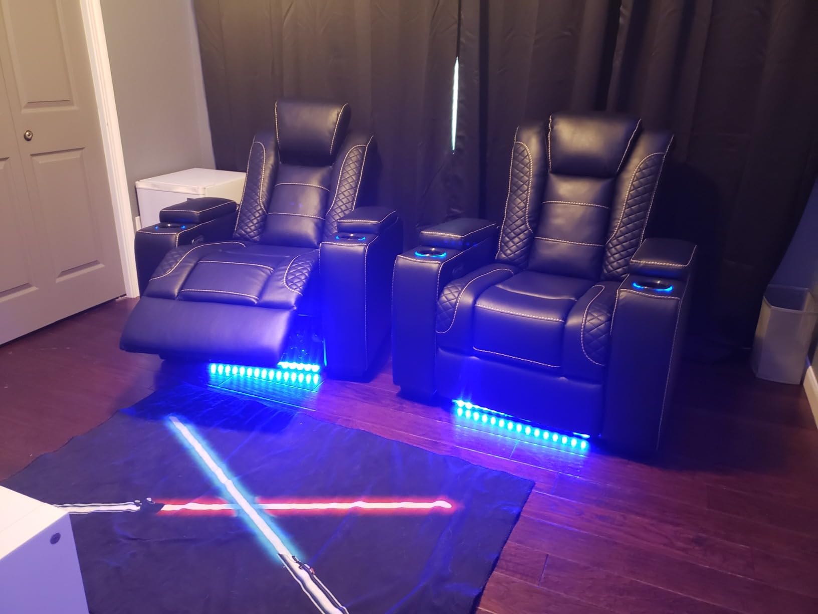 ANJ Power Home Theater Recliner Chair Set of 3, Electric Movie Theater Seating Reclining Chairs with Cup Holders for Living Room, Faux Leather with Blue LED, USB Ports, Hidden Arm Storage (Black) customer photo 1