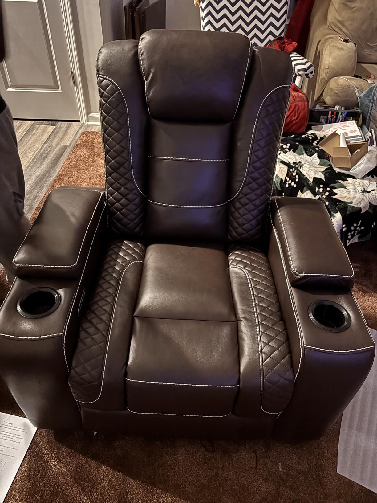 ANJ Power Home Theater Recliner Chair Set of 3, Electric Movie Theater Seating Reclining Chairs with Cup Holders for Living Room, Faux Leather with Blue LED, USB Ports, Hidden Arm Storage (Black) customer photo 2