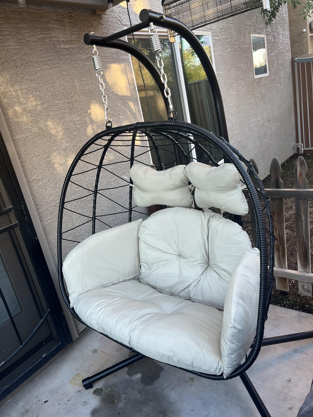 Double Egg Chair with Stand Hammock Swing Chair Foldable Hanging Loveseat, UV Resistant Removable Cushions, 700LBS Capacity for Bedroom, Balcony, Garden(BK-GR) customer photo 1