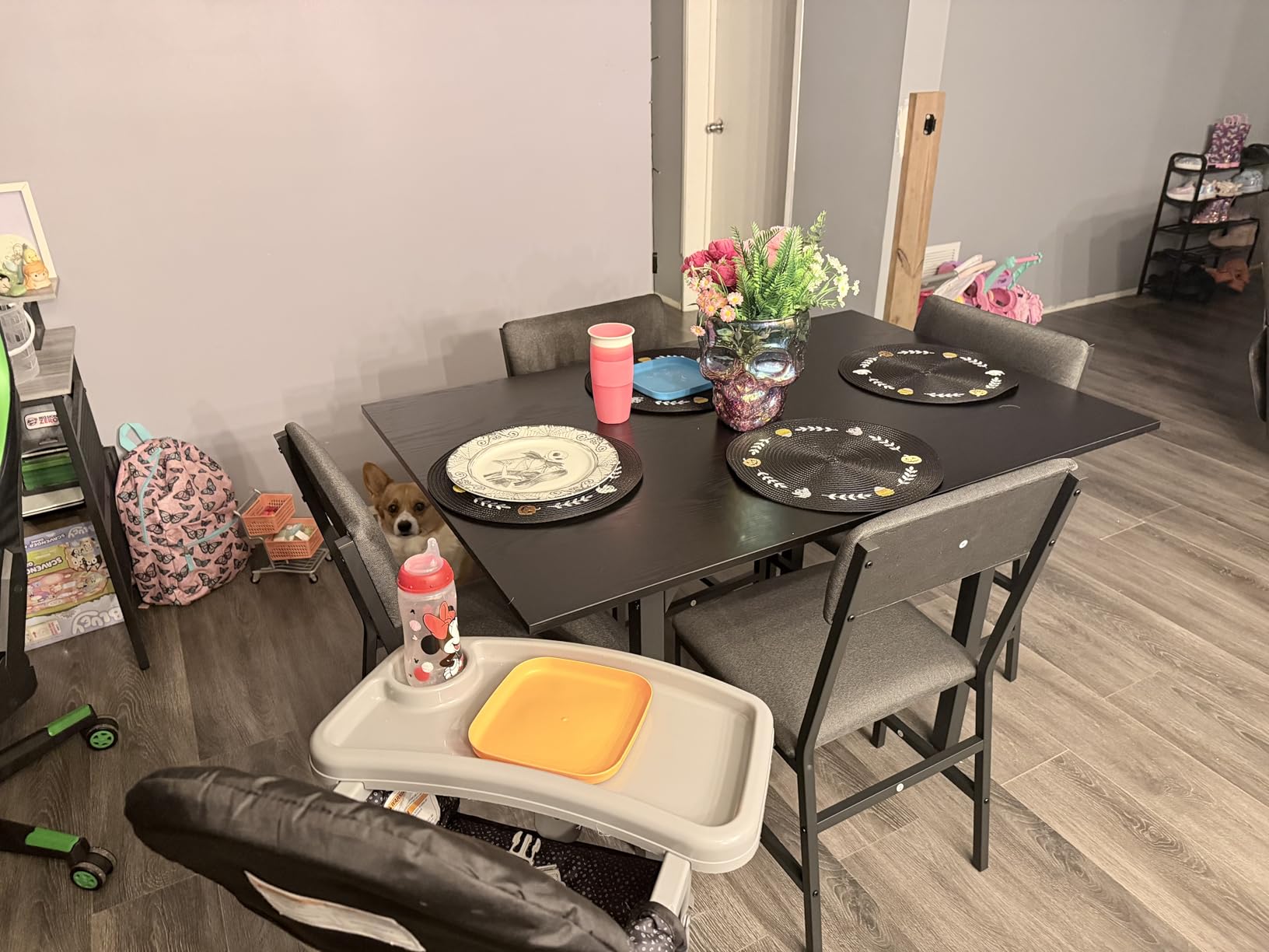 HUAHUU Dining Table Set for 4, Extendable Kitchen Table Cushion Chairs Set of 4, Rectangle Dining Table with Metal Frame & MDF Board, Folding for Small Apartment Saving Space, Black customer photo 1