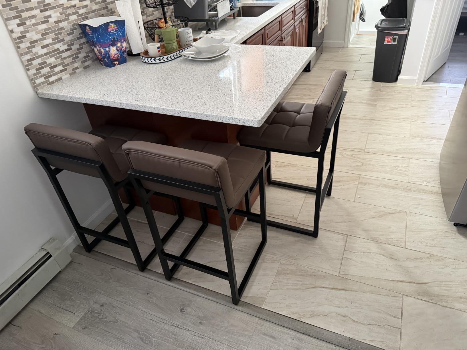 FIRAVOE Counter Height Bar Stools Set of 2, Modern Faux Leather Counter Stools with Low Back and Footrest, Upholstered Bar Chairs for Kitchen Island (Coffee Brown, 2Pcs 26