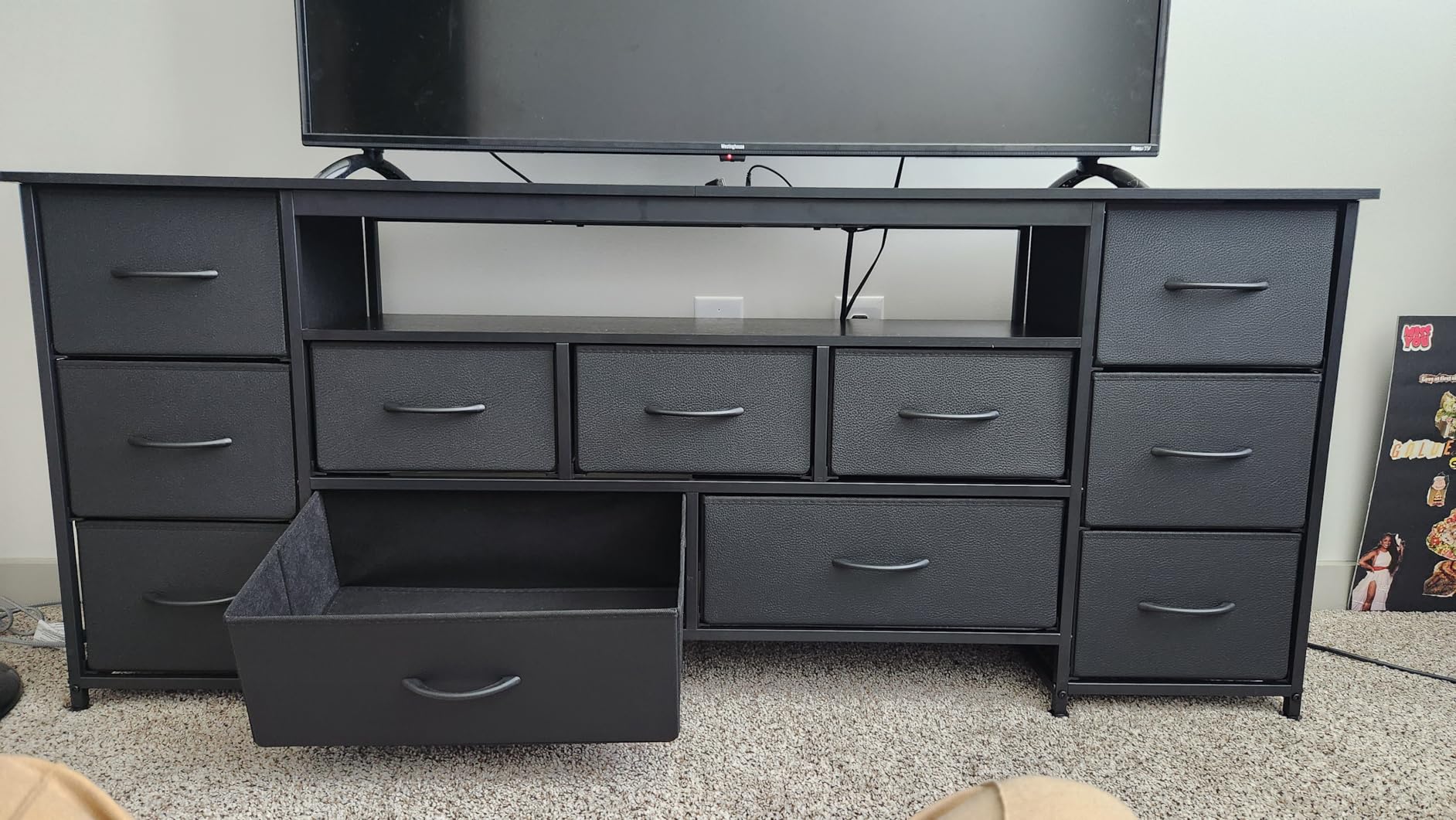 Huuger 63 Inch TV Stand for 65, 70 Inch TV, 11 Drawer Long Dresser with Power Outlets and LED Lights, Entertainment Center with Storage, Black Dresser with PU Leather Surface customer photo 2