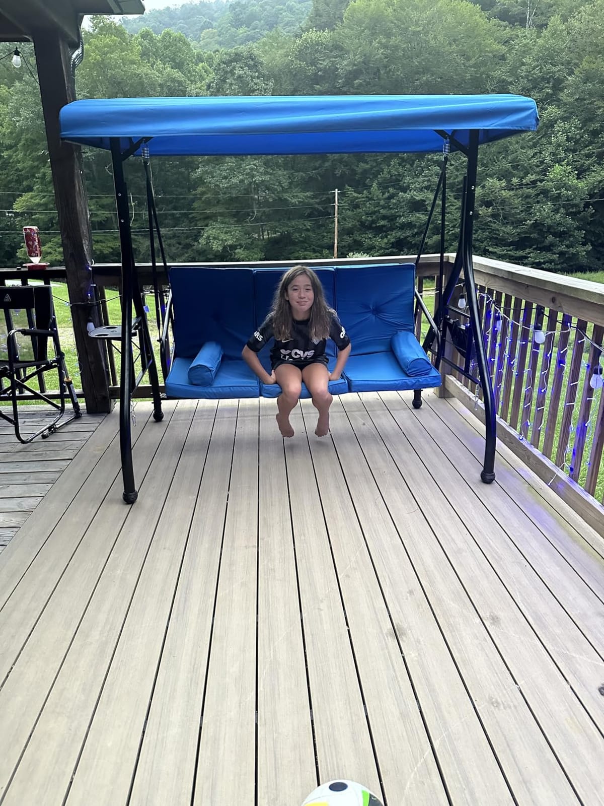 Grepatio Outdoor Porch Swing with Canopy and Stand, 3 Person Patio Swing for Adults, Convertible 2 in 1 Porch Bed Swing with Cup Holder, 3 Seat Swings with 2 Pillow Cushions for Garden, Yard (Grey) customer photo 1