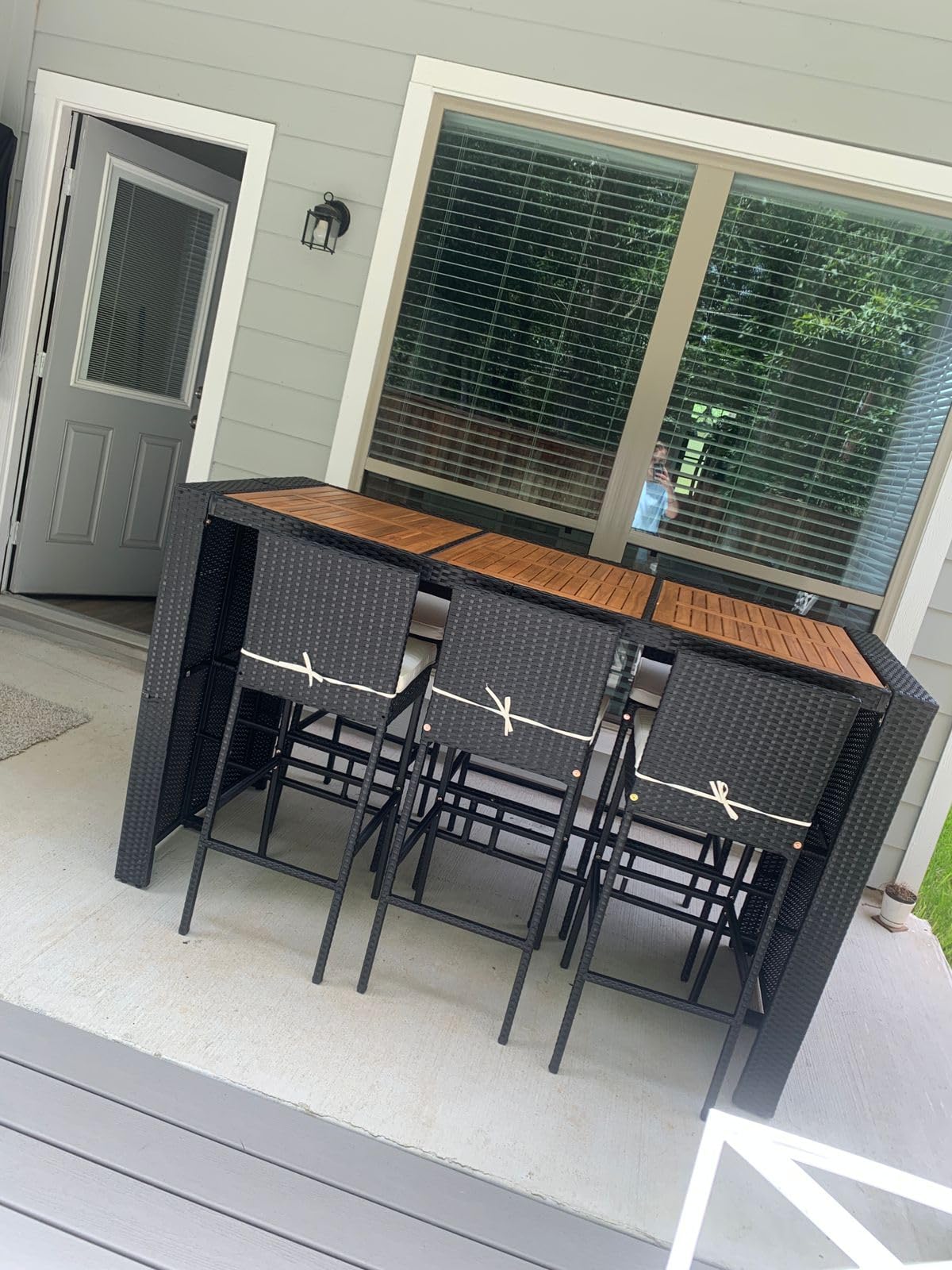 RELAX4LIFE 7-Piece Outdoor Bar Set - Wicker Rattan Bar Height Dining Table w/Acacia Wood Top & 6 Bar Stools Chairs w/Seat Cushions, Backrest, Footrest, Outside Patio Bistro Set for Backyard (73'') customer photo 1