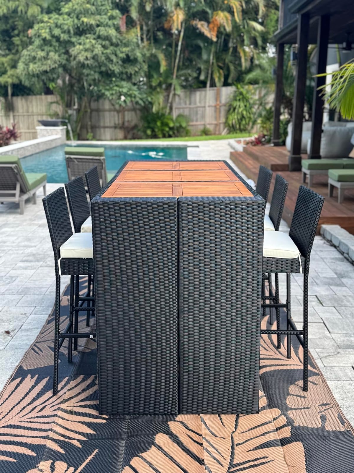 RELAX4LIFE 7-Piece Outdoor Bar Set - Wicker Rattan Bar Height Dining Table w/Acacia Wood Top & 6 Bar Stools Chairs w/Seat Cushions, Backrest, Footrest, Outside Patio Bistro Set for Backyard (73'') customer photo 2
