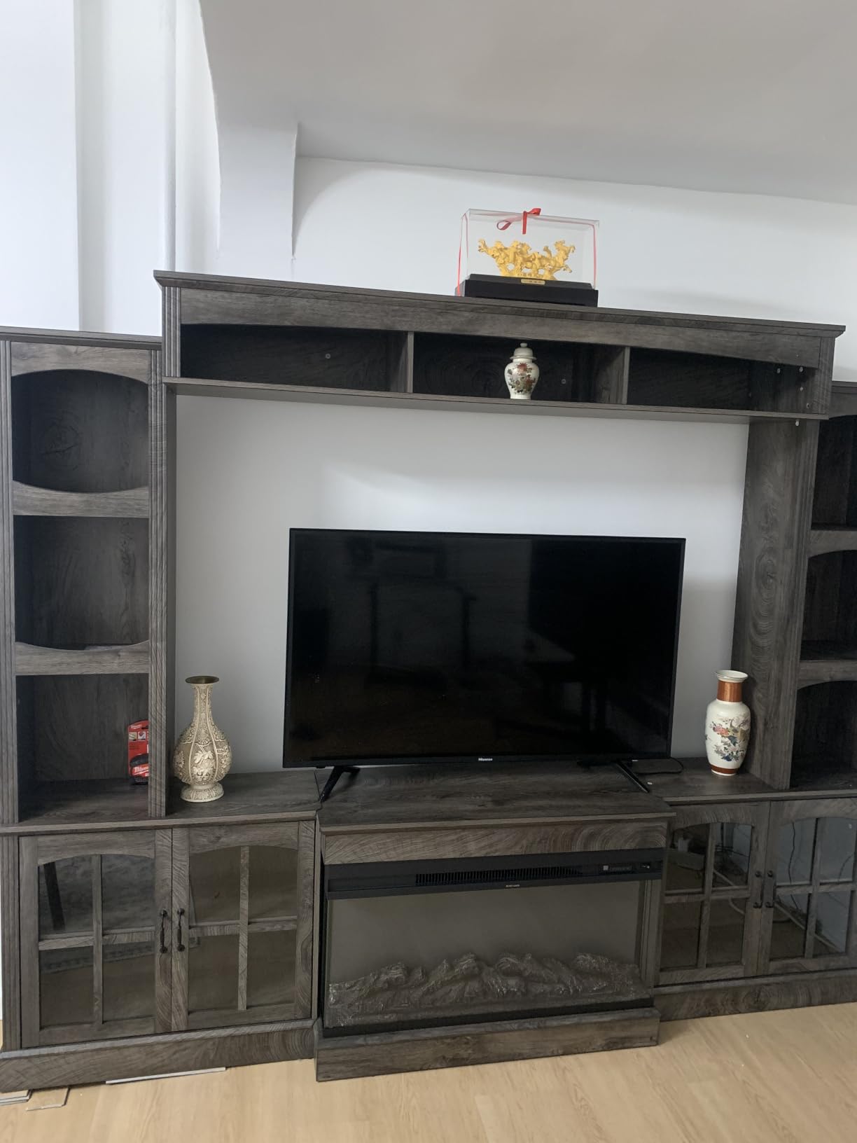 MXV 70'' Fireplace TV Stand, Farmhouse Entertainment Center with 3 Sided Glass TV Stand, Modern Media Console Table with Storage Drawers & Cabinets with LED Flame and Lights for Living Room, White customer photo 1